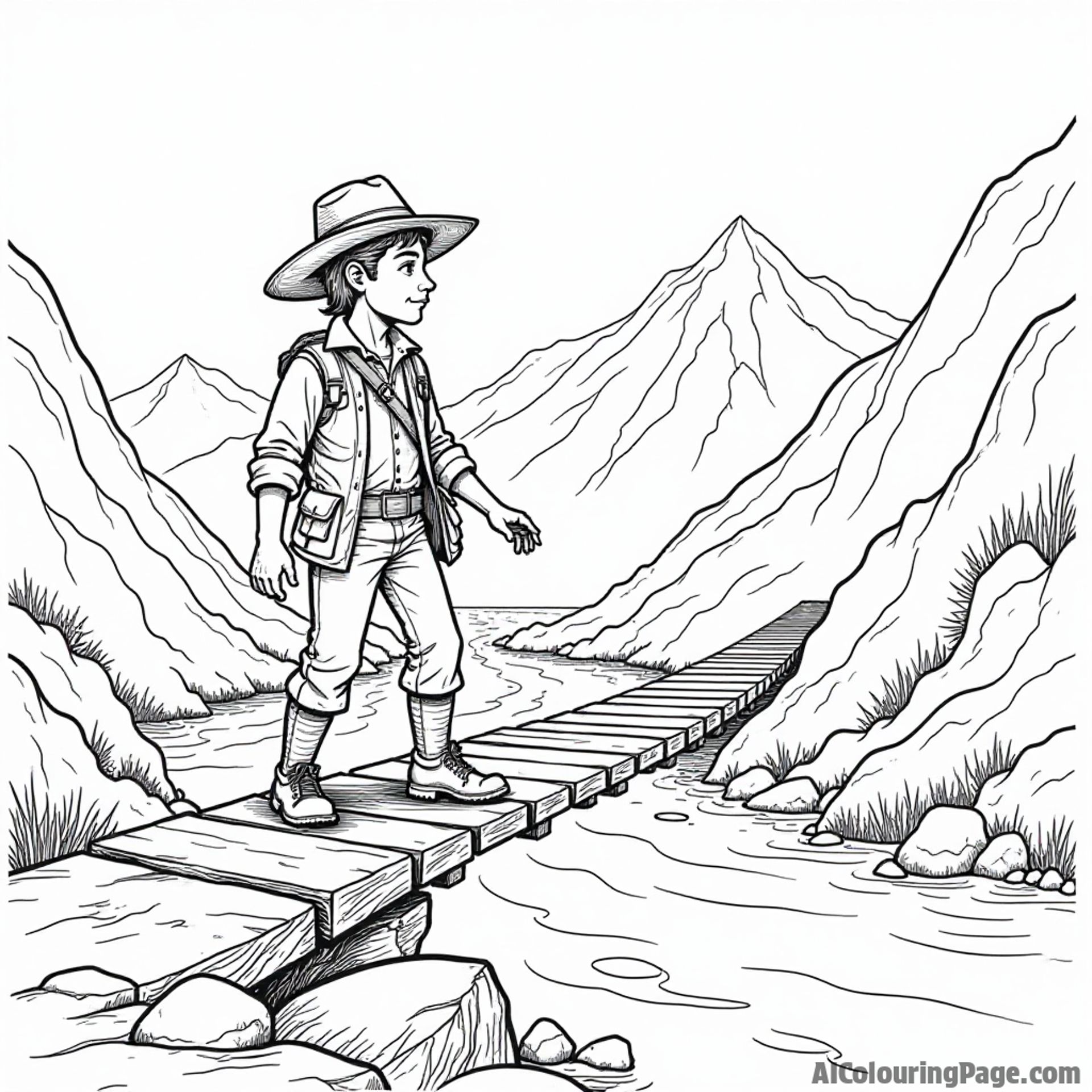 A courageous explorer in a large hat, crossing a rickety bridge over a raging river, with majestic mountains in the background for a thrilling adventure coloring page.