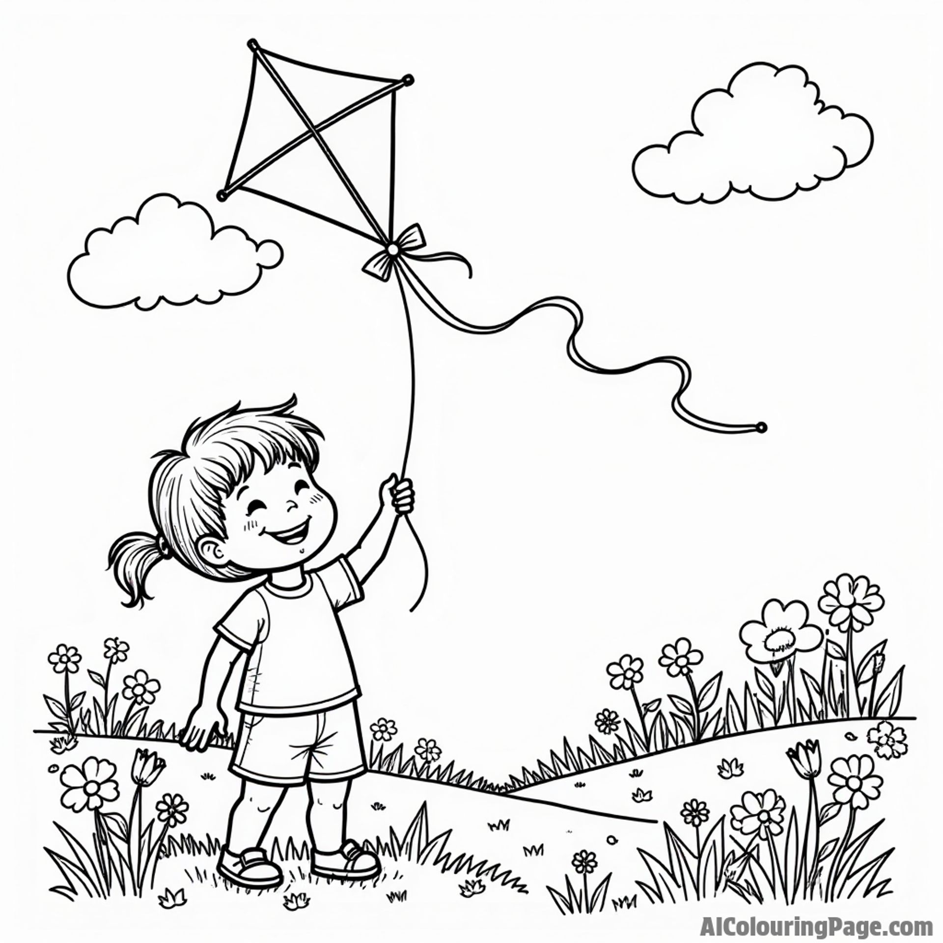 A colorful kite flying high in the sky above a meadow filled with flowers and a smiling child holding the string.