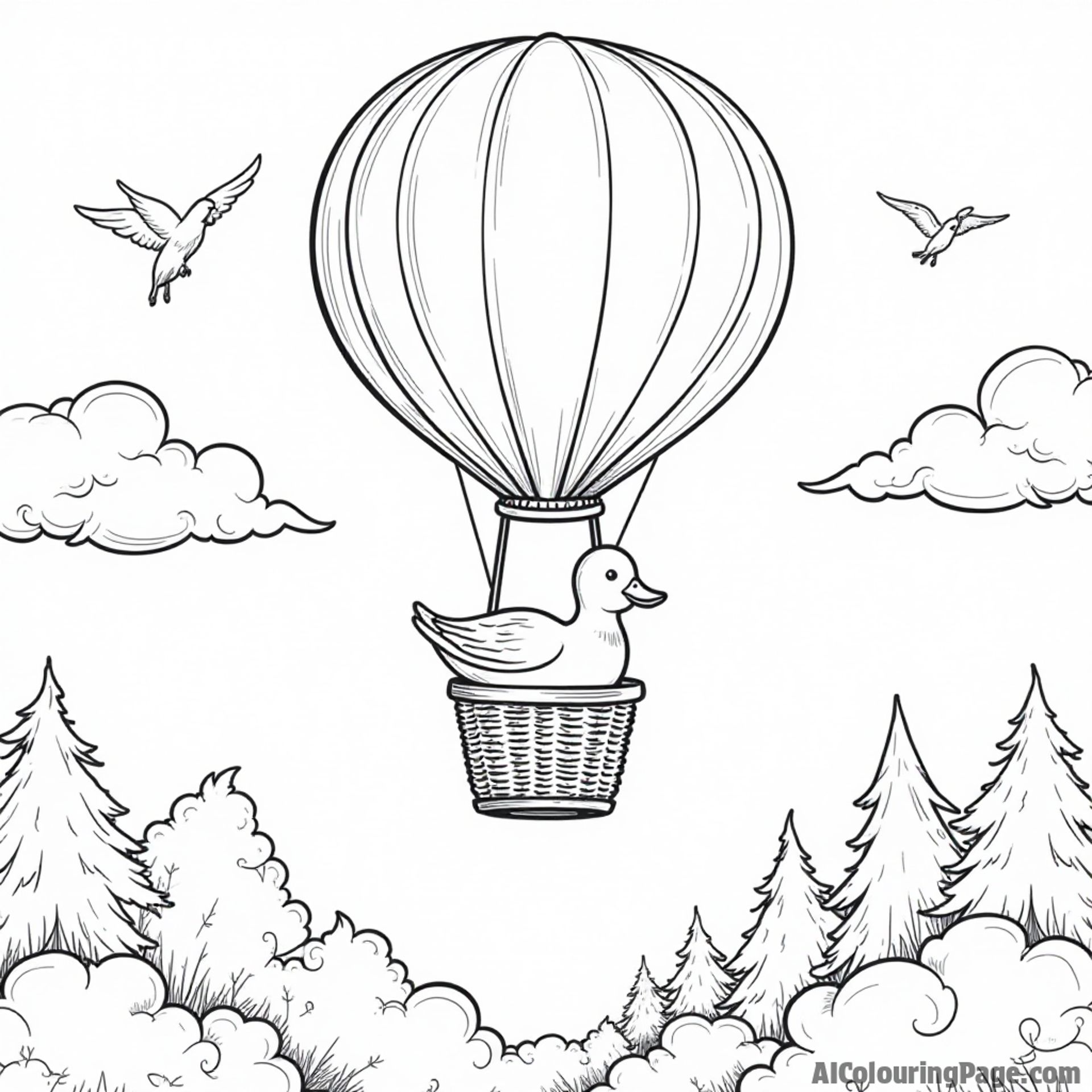 A duck floating in a hot air balloon high above the trees with clouds and birds surrounding it.