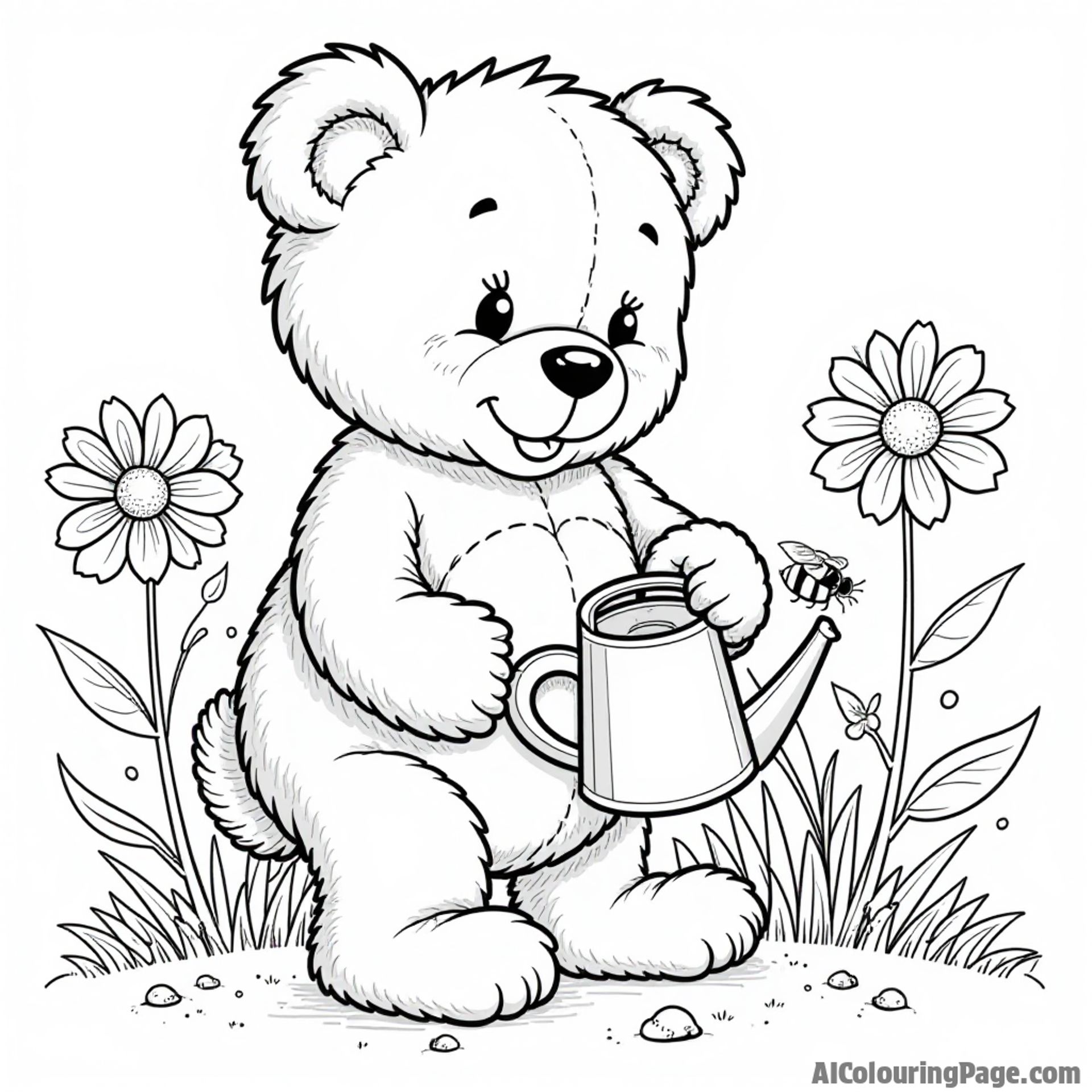 A teddy bear gardening with flowers and a watering can, alongside a busy bee and a ladybug, encouraging children to color this delightful outdoor activity.