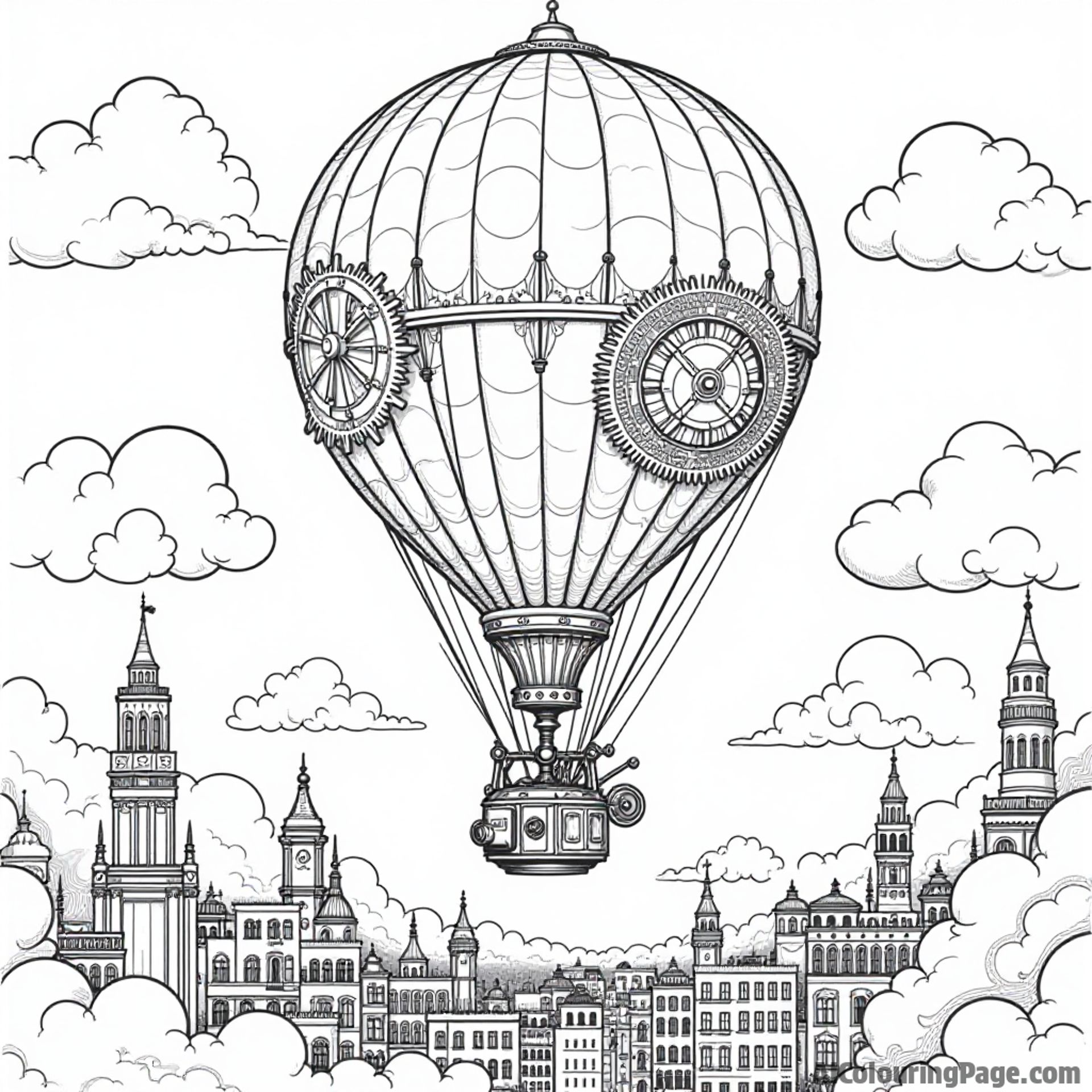 A steampunk hot air balloon with gears and cogs, soaring above a bustling city with inventors and robots, perfect for young explorers who love to color unique designs.