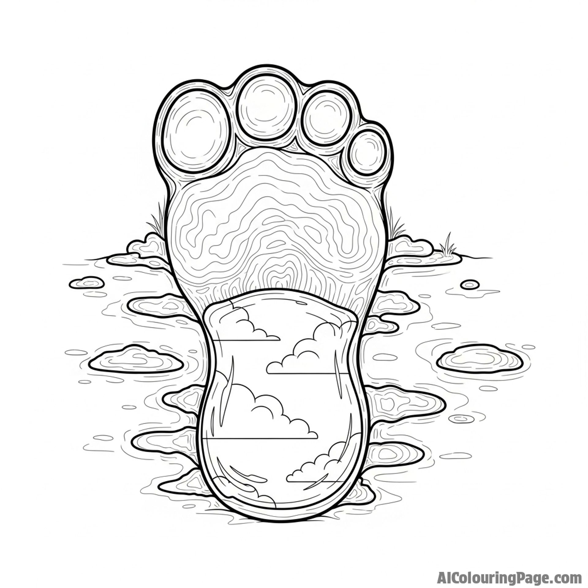 An elephant's massive footprint in the mud, filled with rainwater reflecting the sky.
