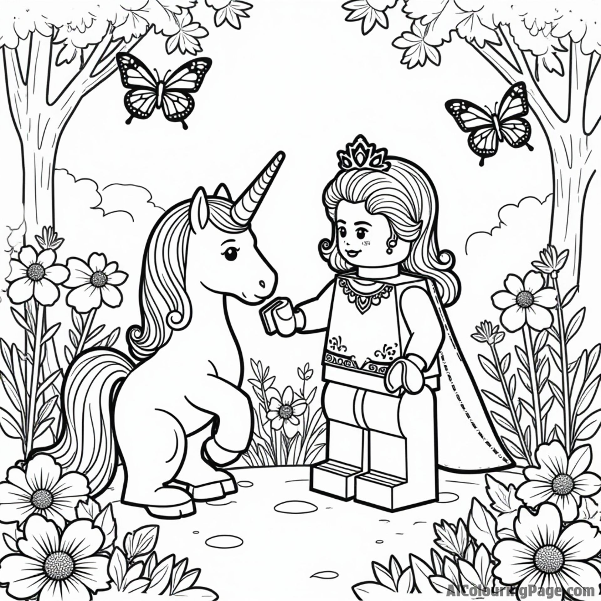 A LEGO fairytale scene featuring a princess in a garden with flowers, butterflies, and a magical unicorn.