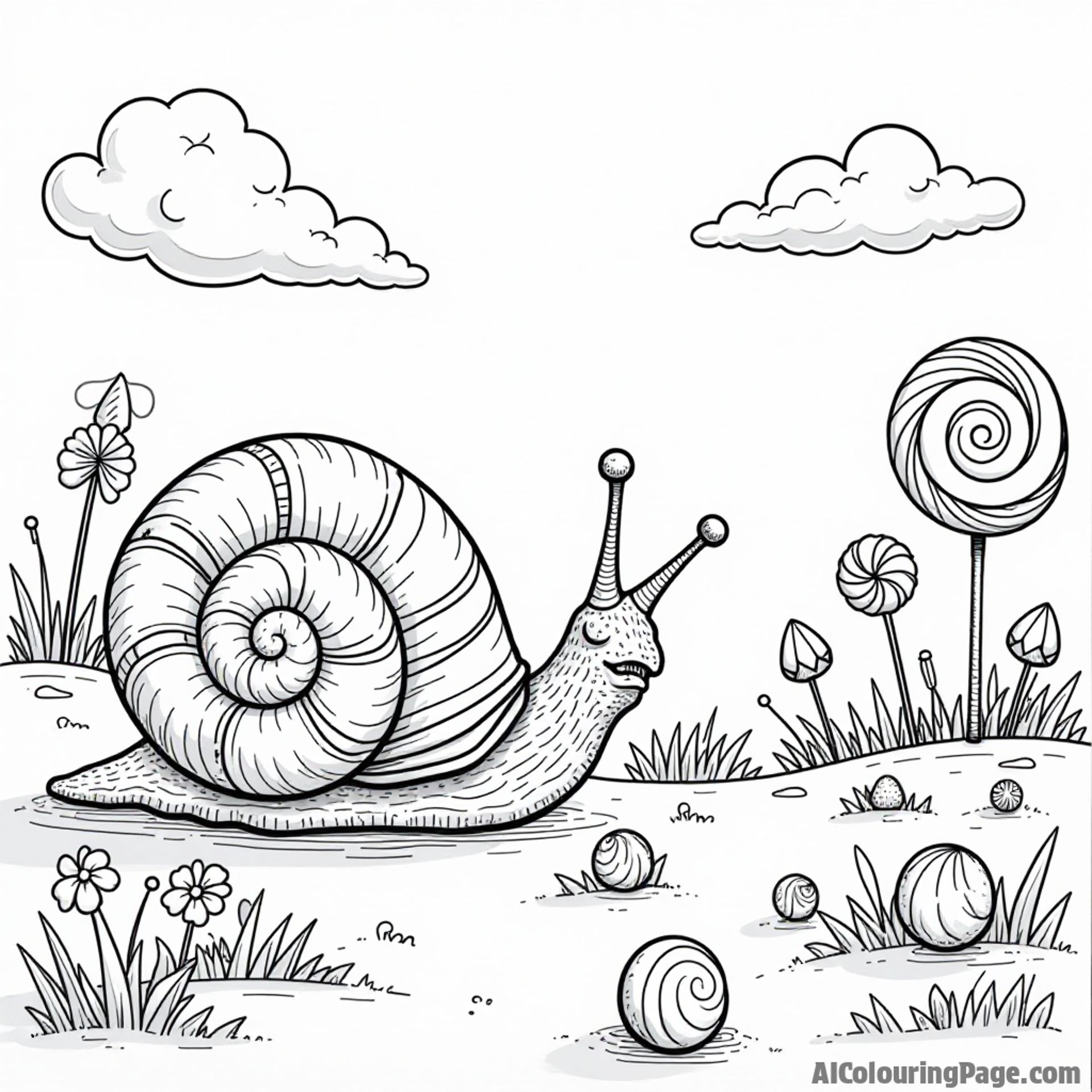 A snail exploring a candy land, with lollipops and gumdrops around, creating a sweet scene for kids to color.