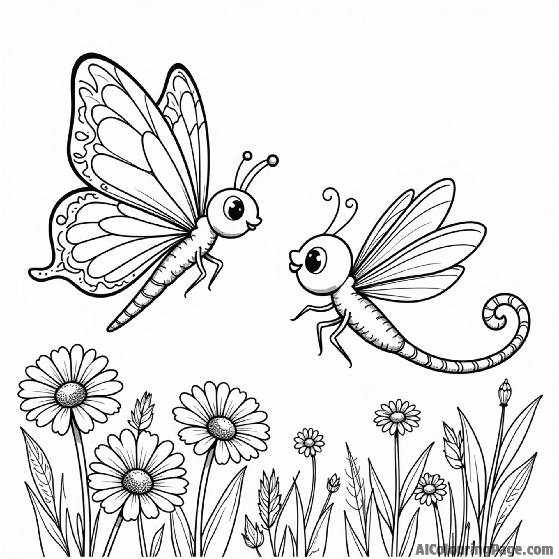 A butterfly and a dragonfly playing tag in a garden filled with daisies, ready for kids to color their fun.