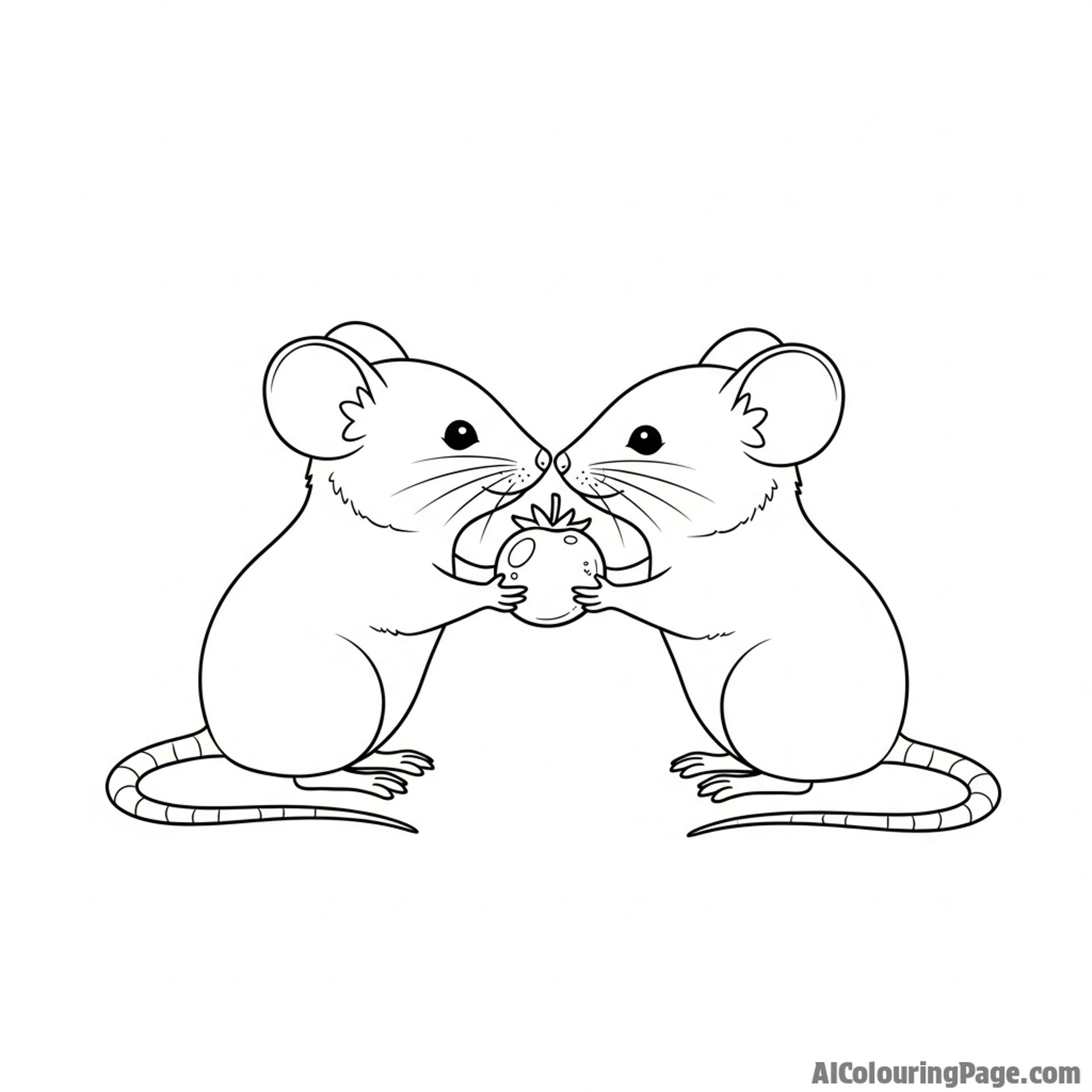 Two mice sharing a single berry, their noses touching.