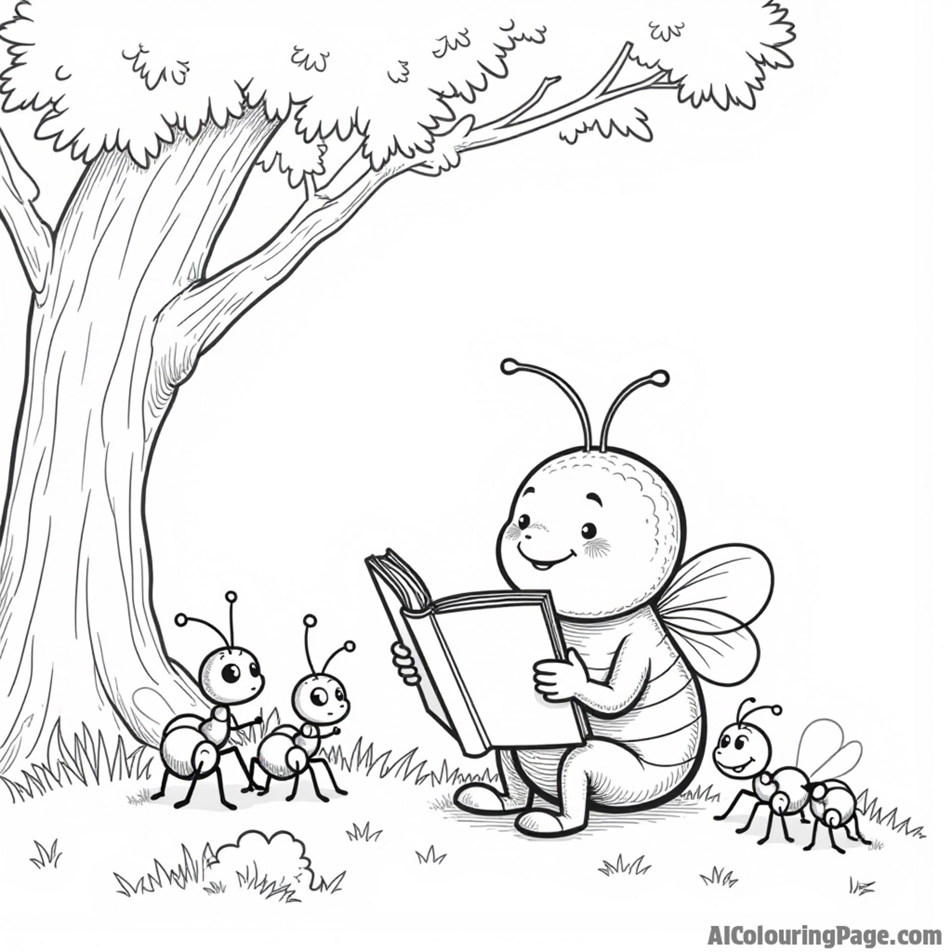 A cute bee reading a book under a tree while ants gather around, listening intently to the story being told.