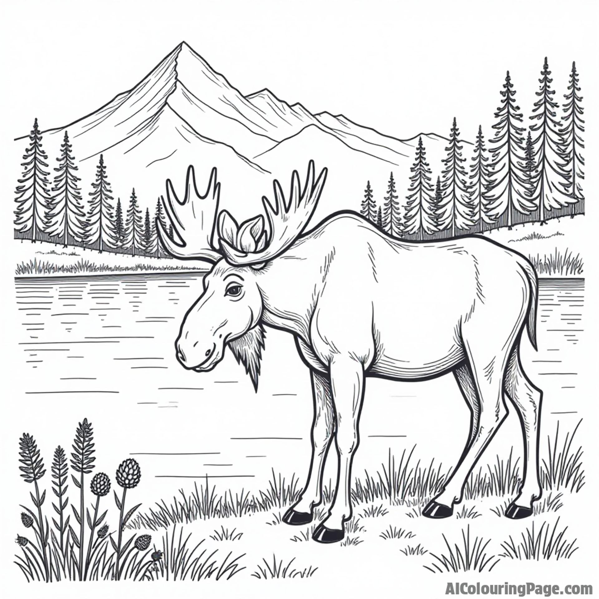 A friendly moose grazing near a tranquil lake, with wildflowers and mountains in the background, highlighting Alaska's natural beauty.