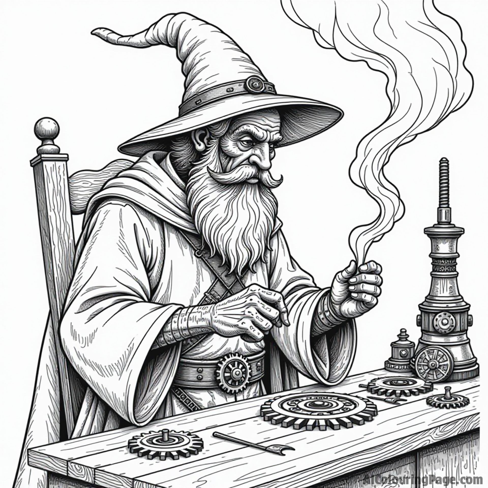 Mechanical wizard, powered by gears and steam, crafting clockwork familiars in a hidden workshop.