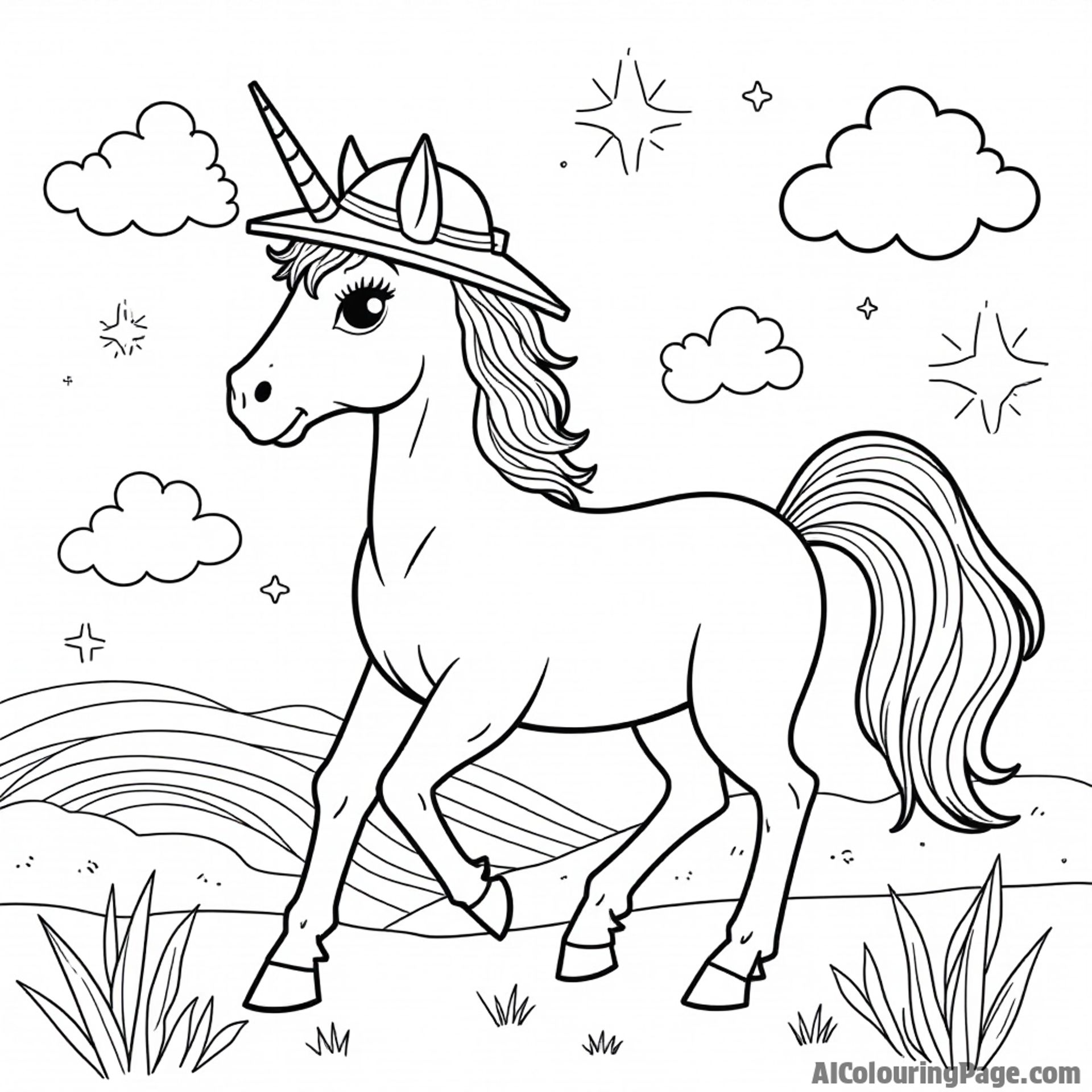A magical unicorn wearing an explorer hat, trotting through a rainbow-filled landscape, surrounded by sparkling stars and whimsical clouds for a fantastical adventure coloring page.