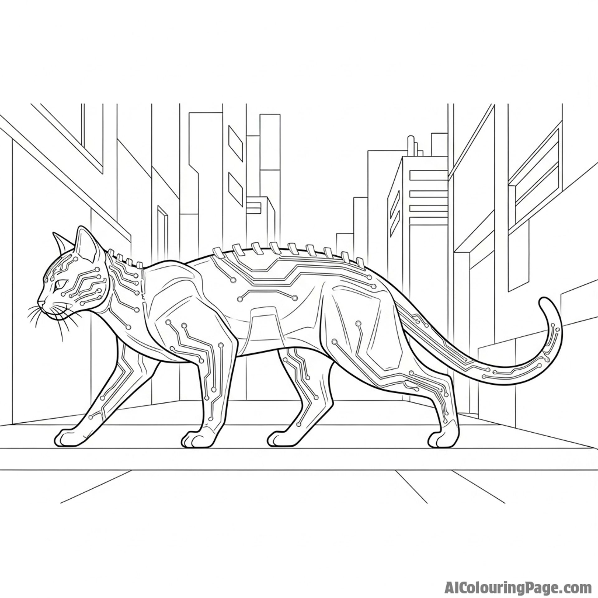A cyberpunk cat with glowing circuits, prowling a futuristic alley.