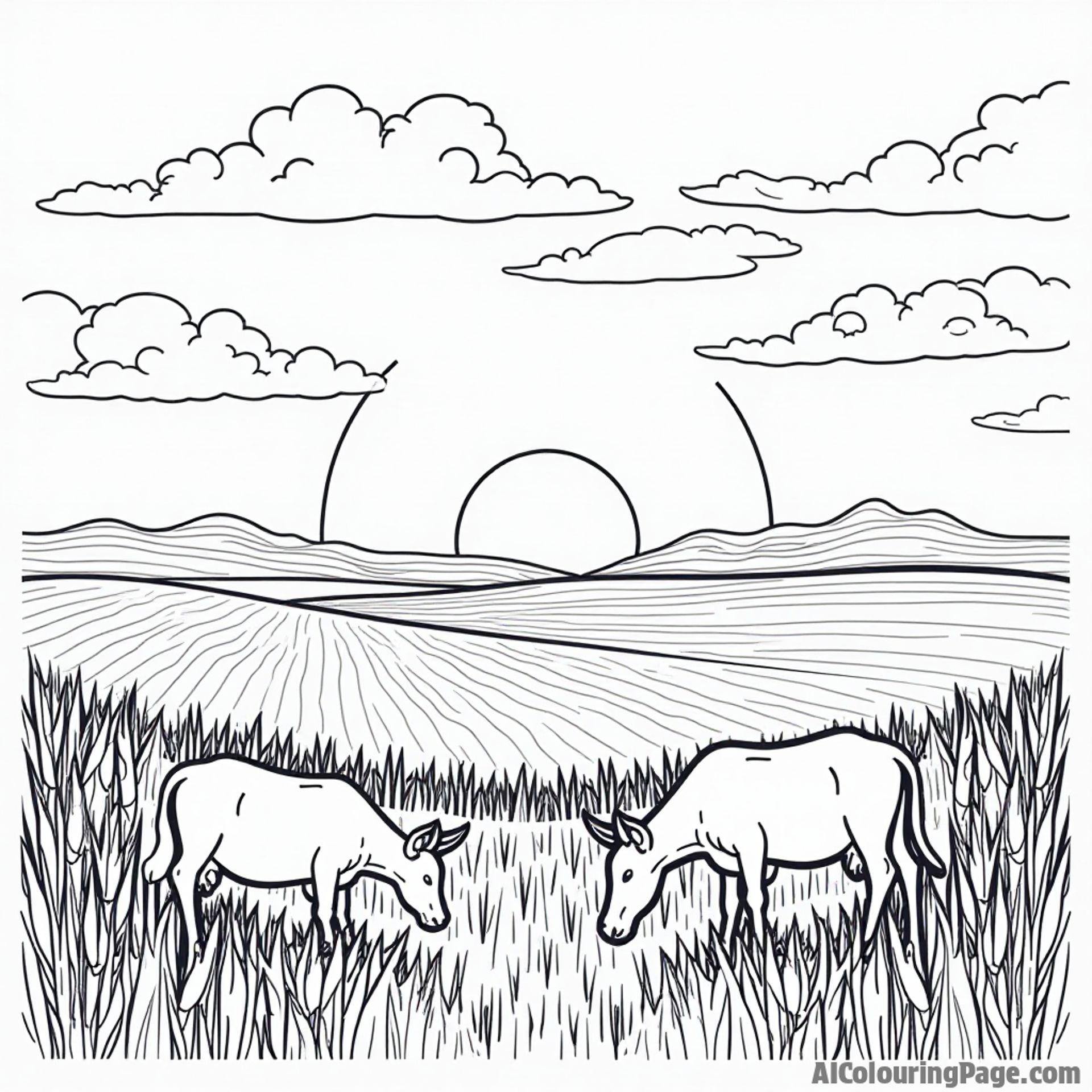 A peaceful Kansas sunset over a wheat field, with silhouettes of farm animals grazing nearby for children to color.
