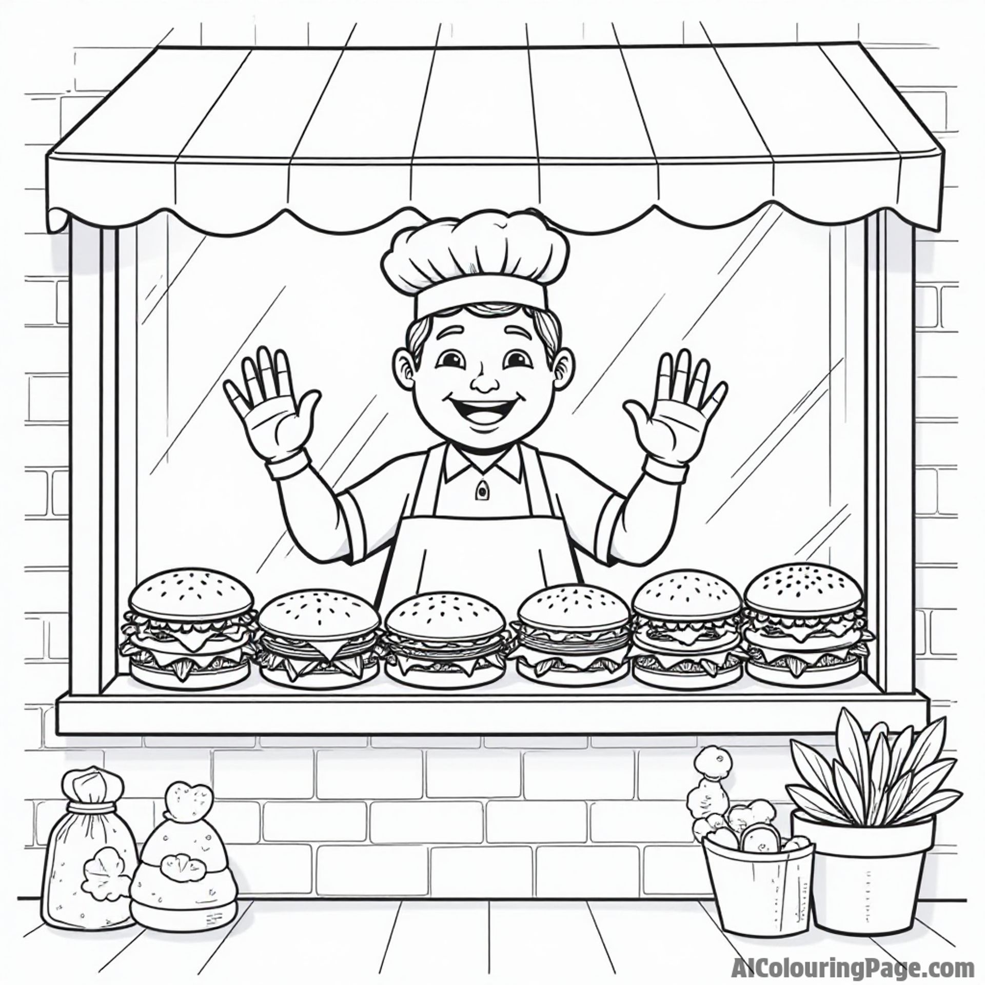 A charming bakery window displaying an array of creative sandwiches, with a smiling baker waving outside.