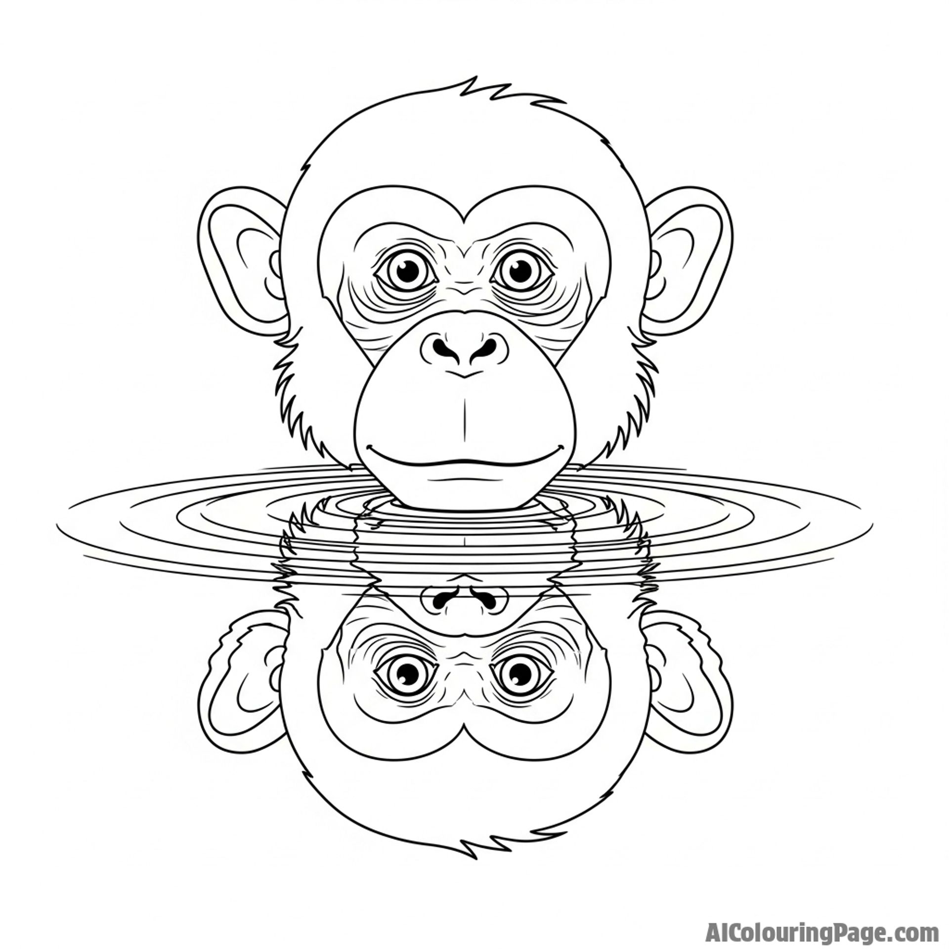 A monkey's face reflected in a still pool of water.