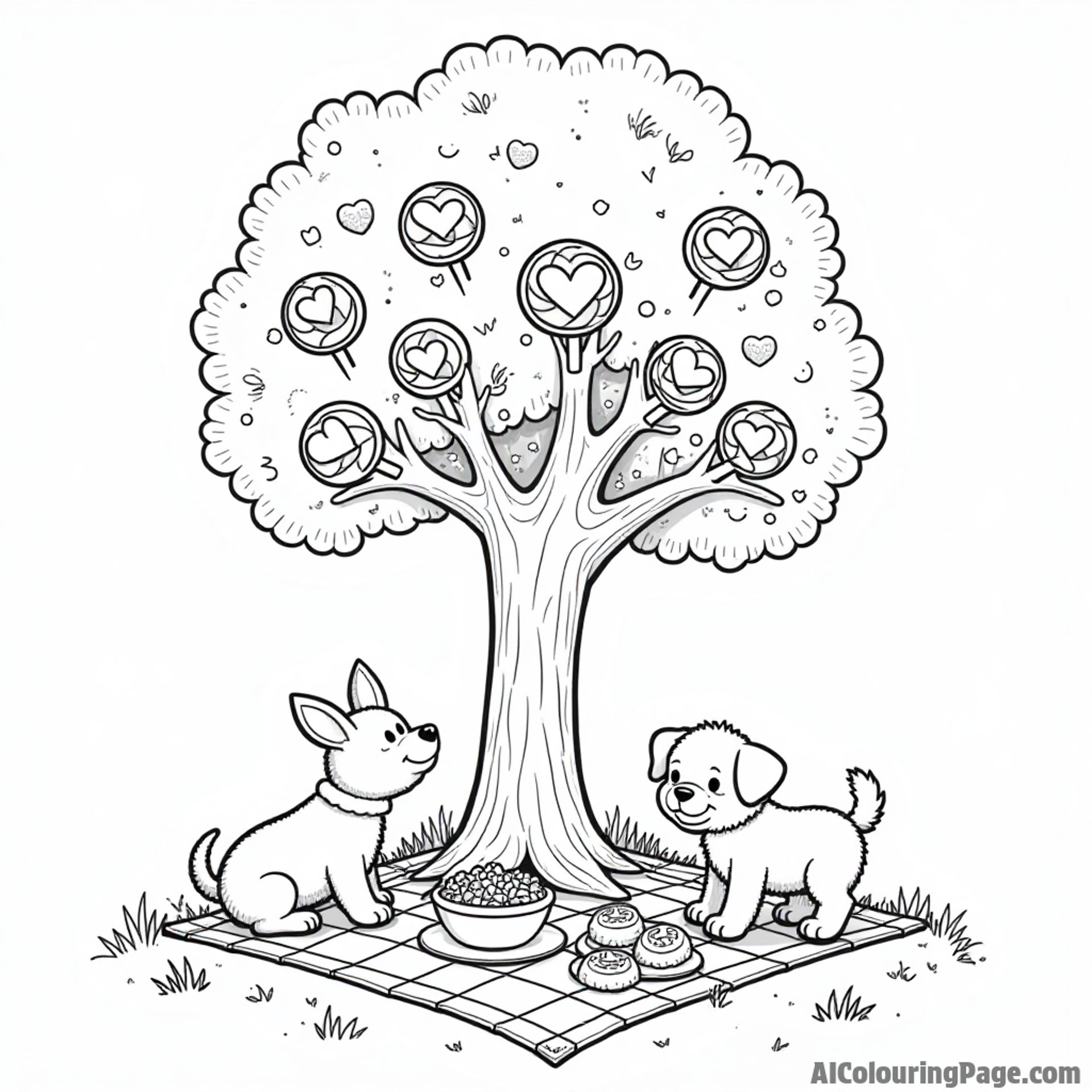 A cheerful lollipop tree surrounded by curious animals, a picnic blanket with snacks, and a playful puppy exploring nearby