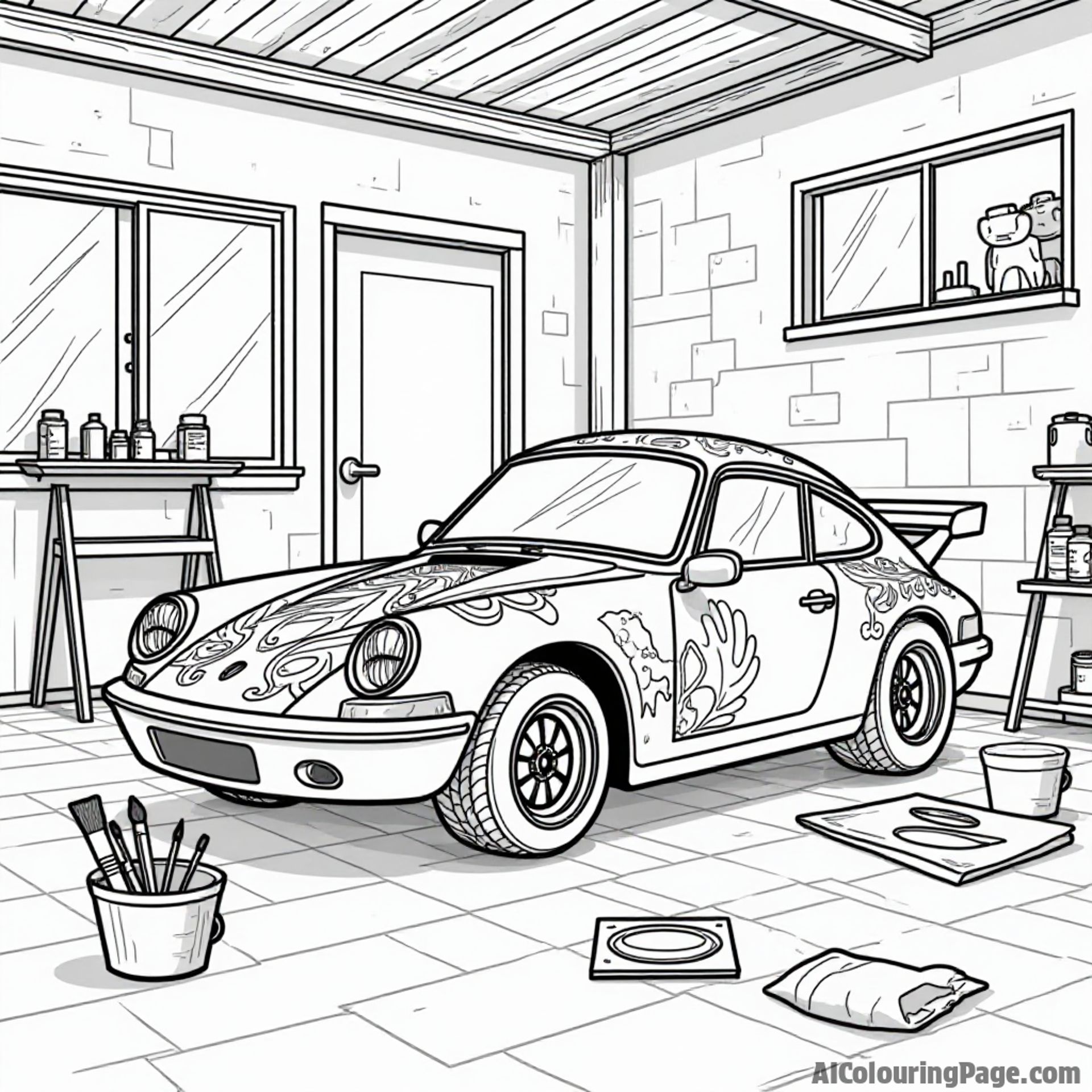 A cozy garage scene showcasing a race car being painted with bright designs, surrounded by paint cans and brushes, allowing kids to unleash their creativity.