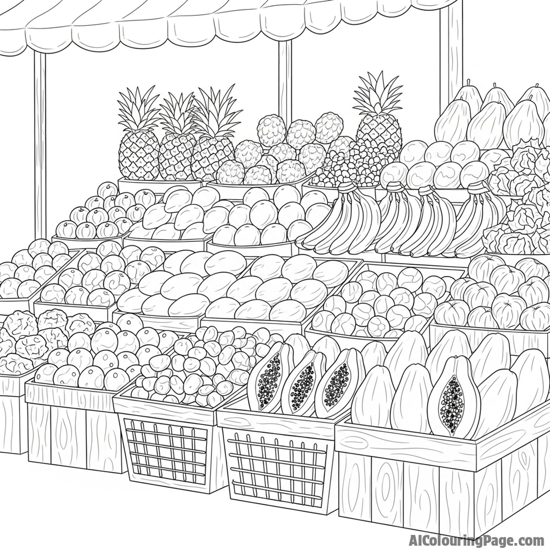 A tropical fruit market overflowing with fresh produce.