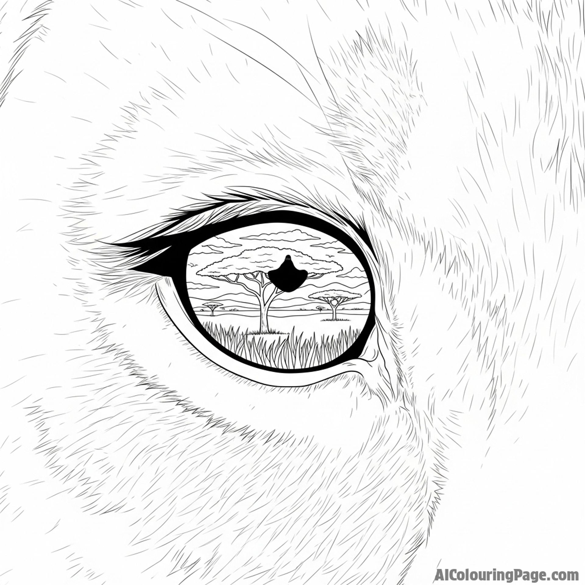 A close-up macro photograph of a lioness's eye, reflecting the savanna.