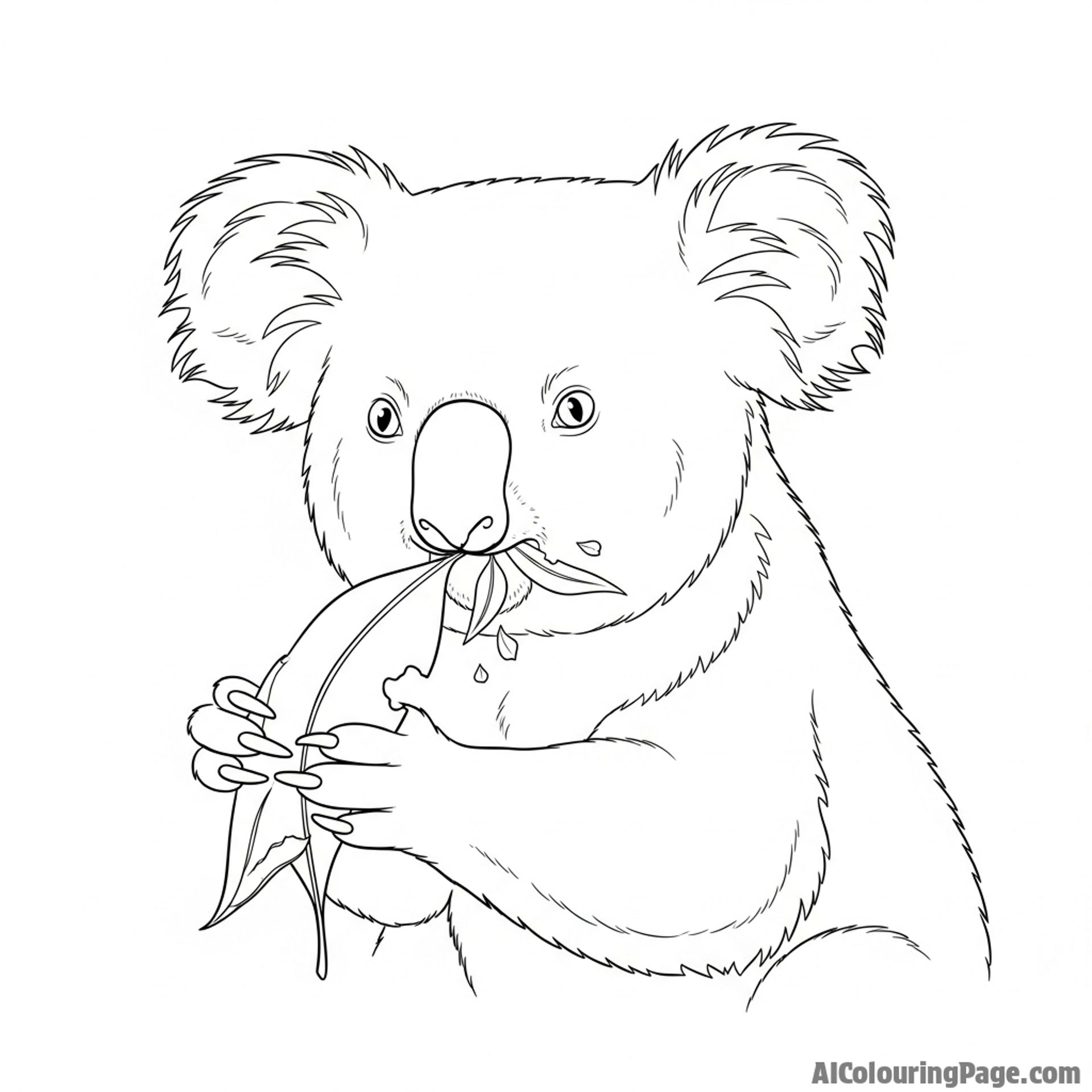 A koala munching on a fresh eucalyptus leaf, with leaf fragments on its chin.