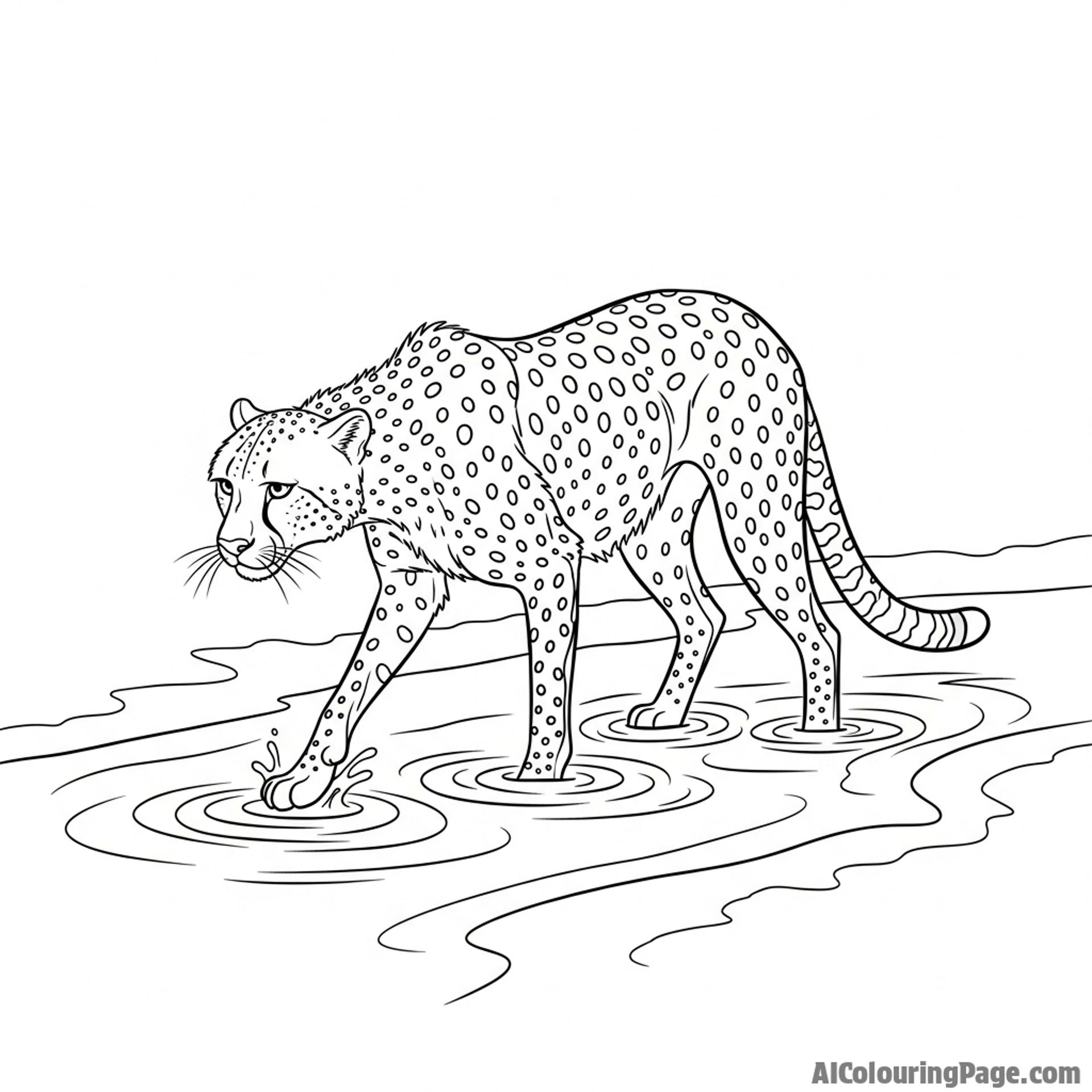 A cheetah carefully walking through a shallow stream, creating gentle ripples in the water.
