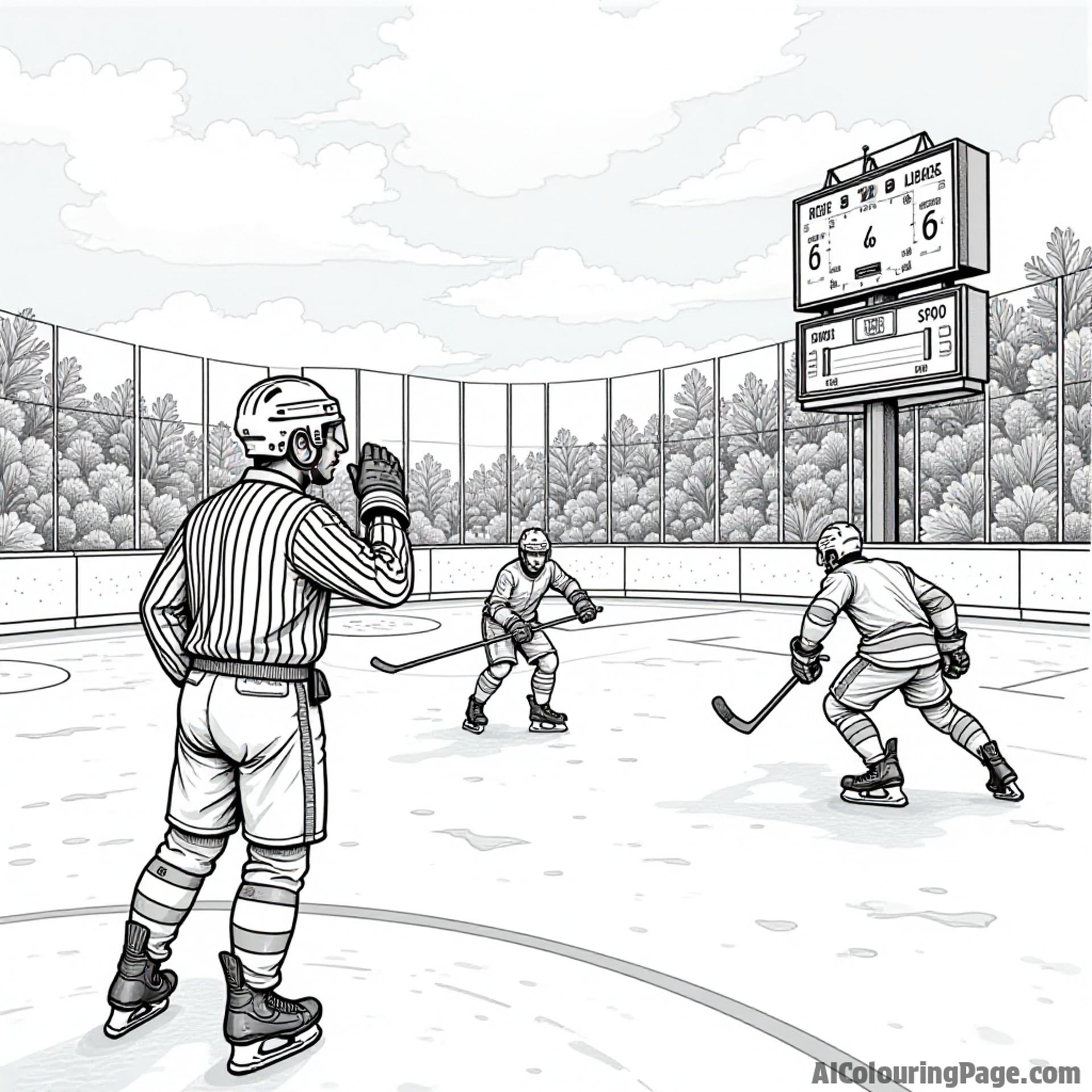 A detailed hockey rink scene featuring a referee blowing a whistle, players skating around, and a scoreboard displaying the exciting game score.