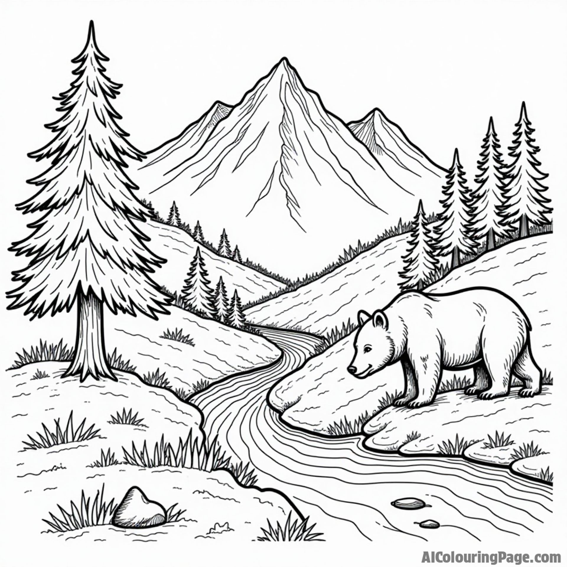 A whimsical mountain scene with a black bear, a pine tree, and a flowing river in West Virginia for coloring fun
