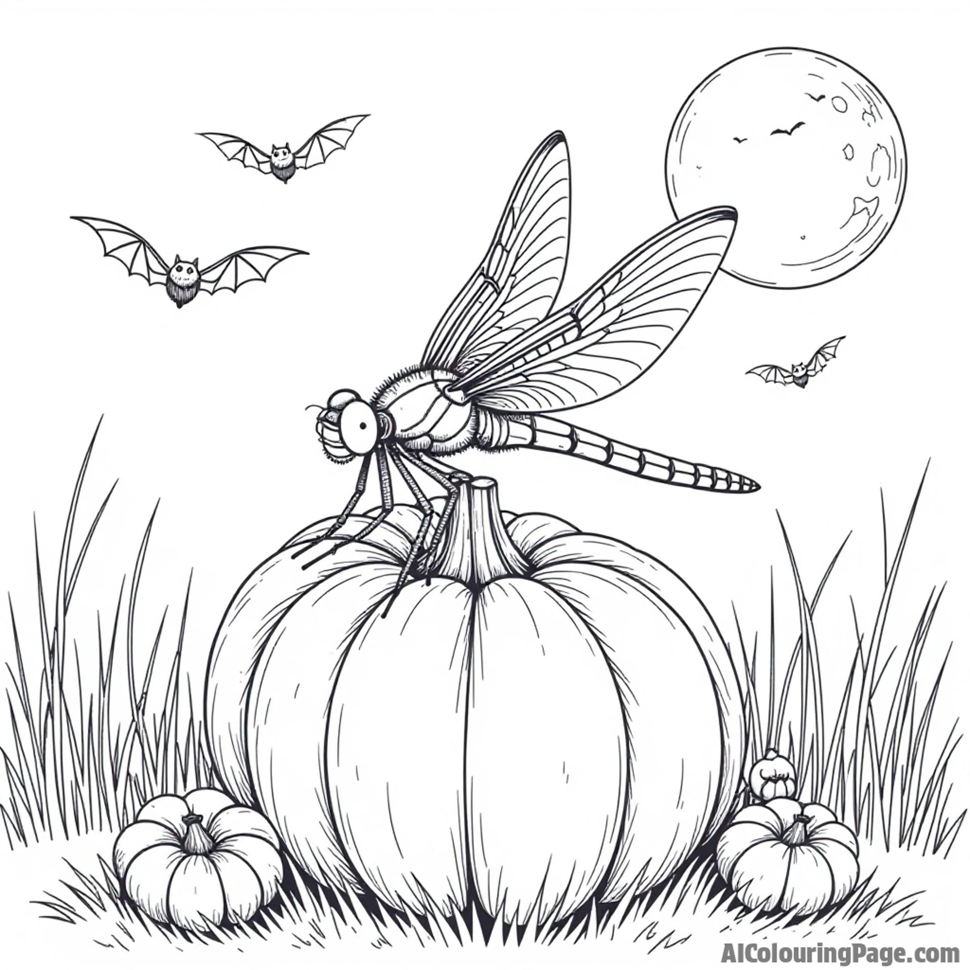 A dragonfly perched on a pumpkin in a spooky Halloween scene with bats flying in the moonlit sky.