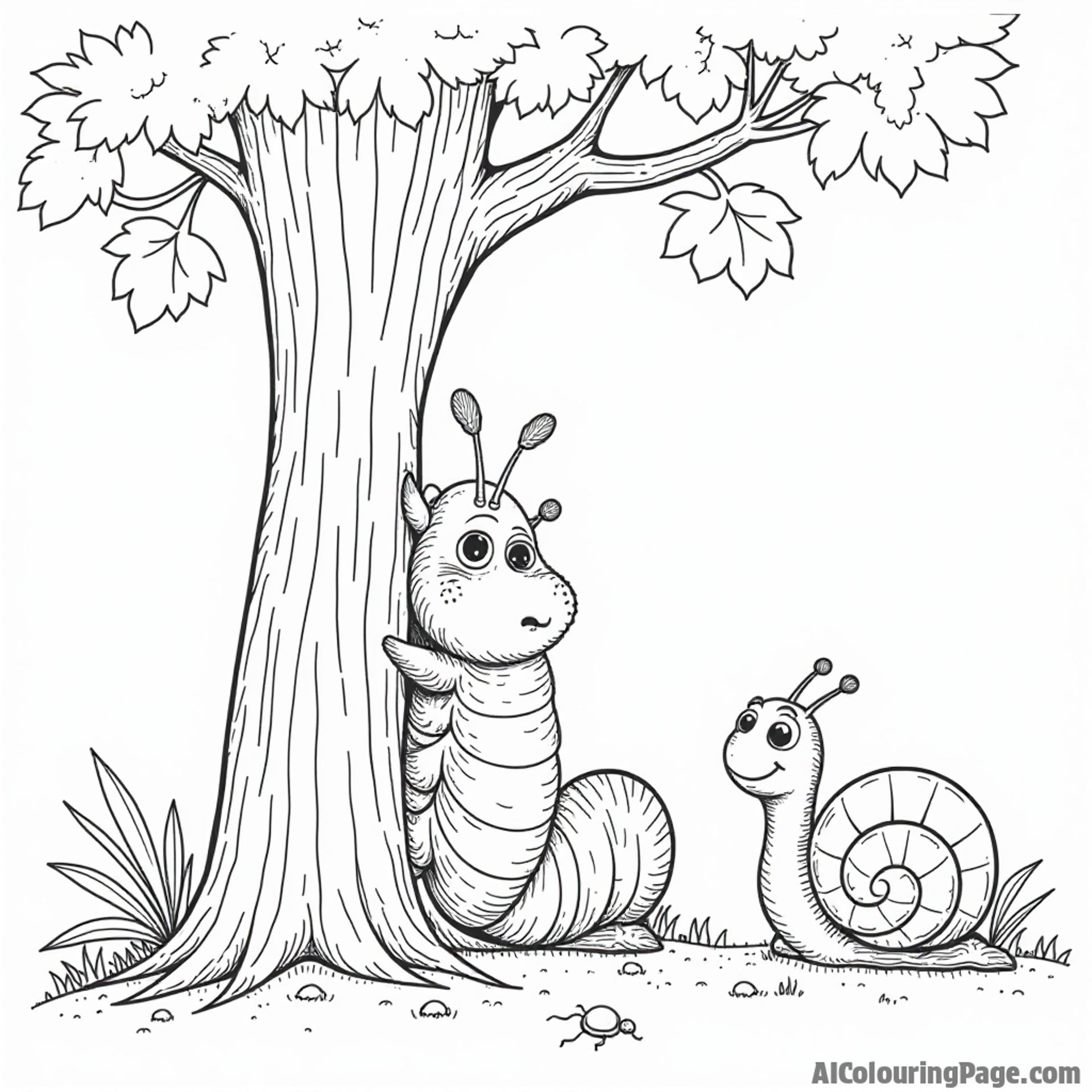 A caterpillar playing hide and seek behind a tree with a curious snail and a friendly ant, ready to be colored.