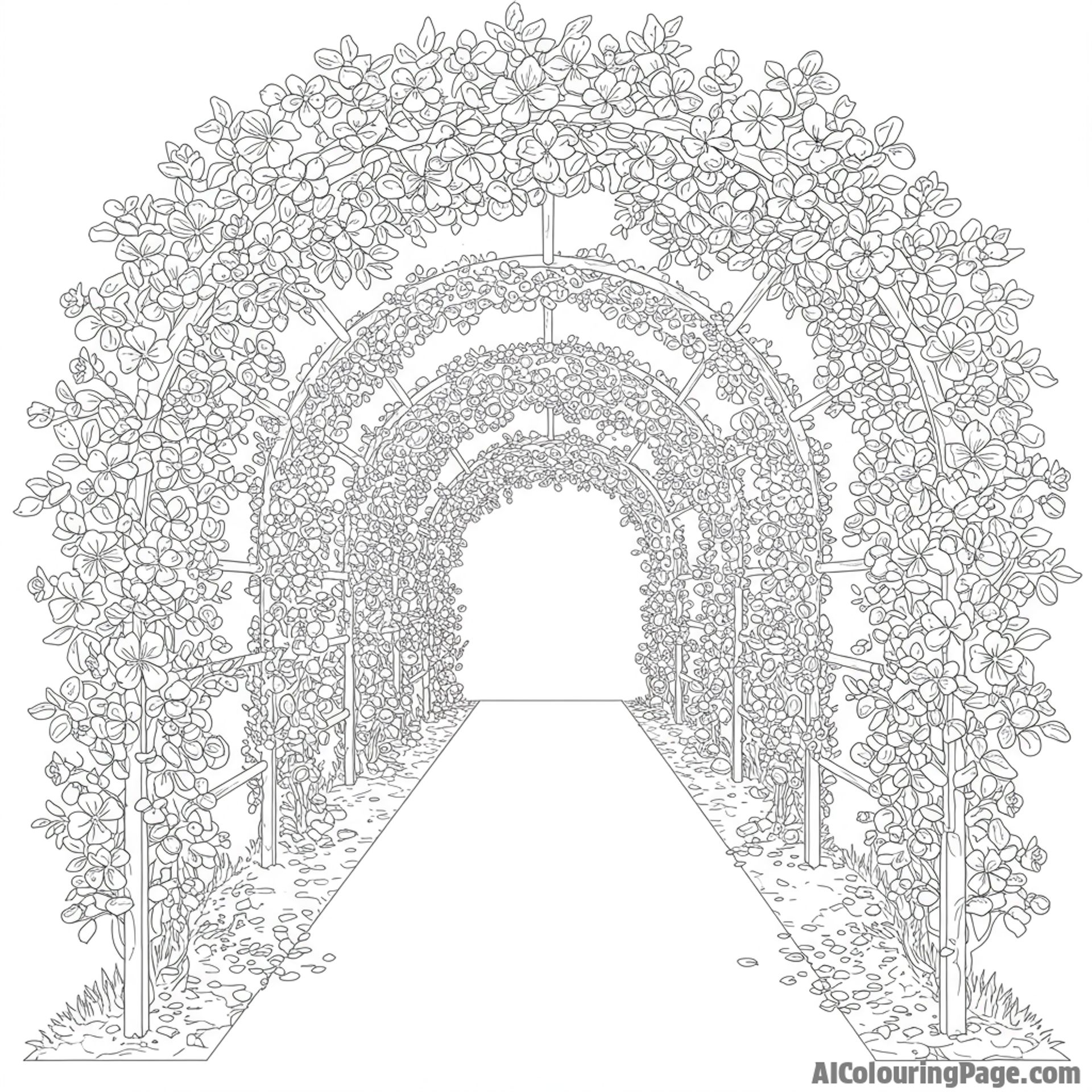 A pathway framed by arching branches laden with blooms.