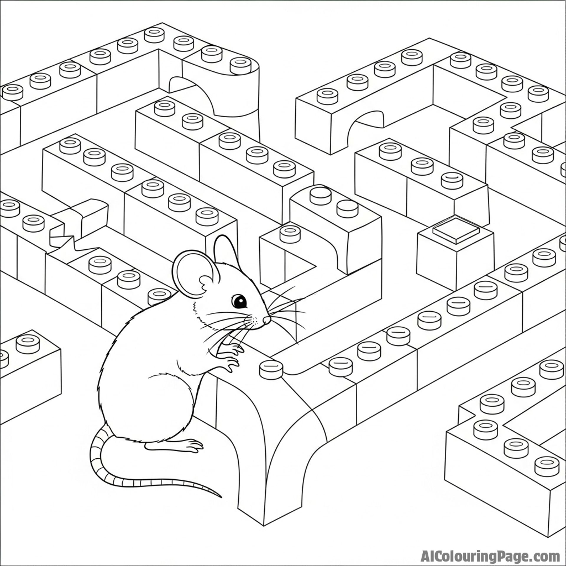 A mouse navigating a complex maze made of building blocks.