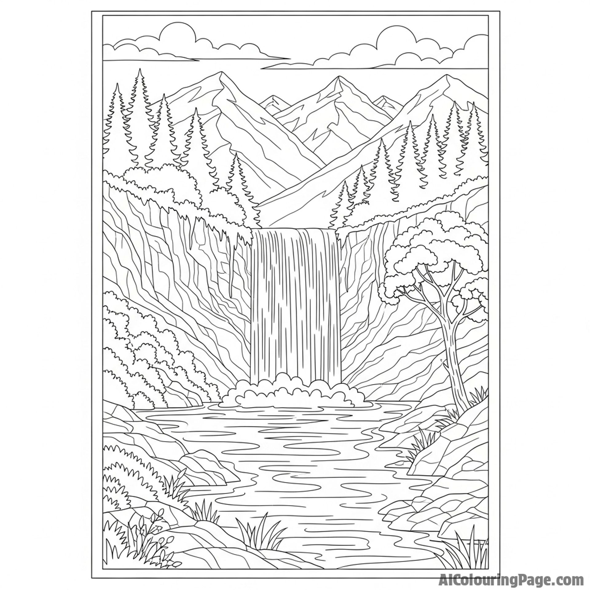 A waterfall flowing into a calm lake, reflecting the surrounding scenery.