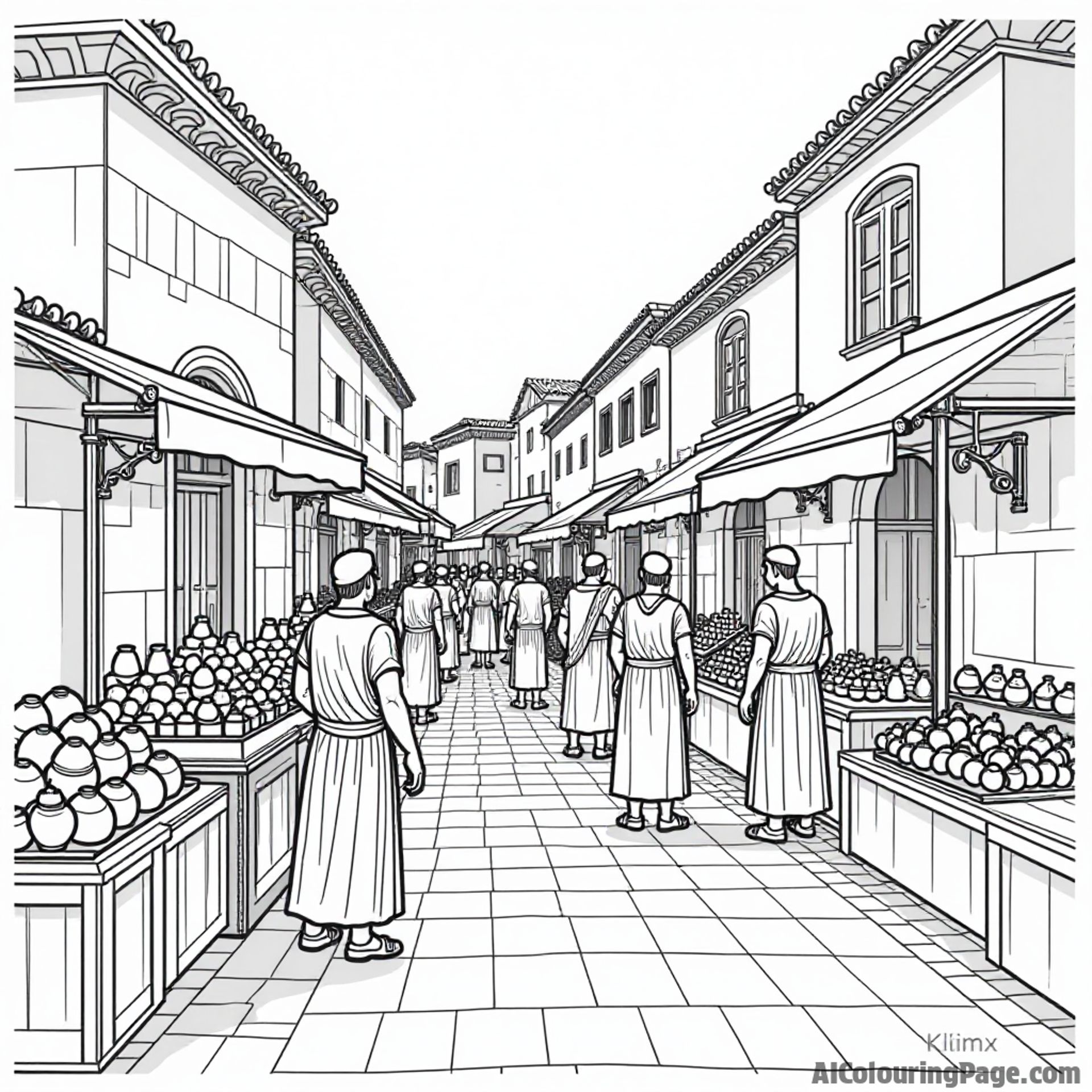 A Roman marketplace bustling with merchants and shoppers, featuring stalls with fruits and pottery, capturing the vibrant daily life of ancient Rome for coloring fun.