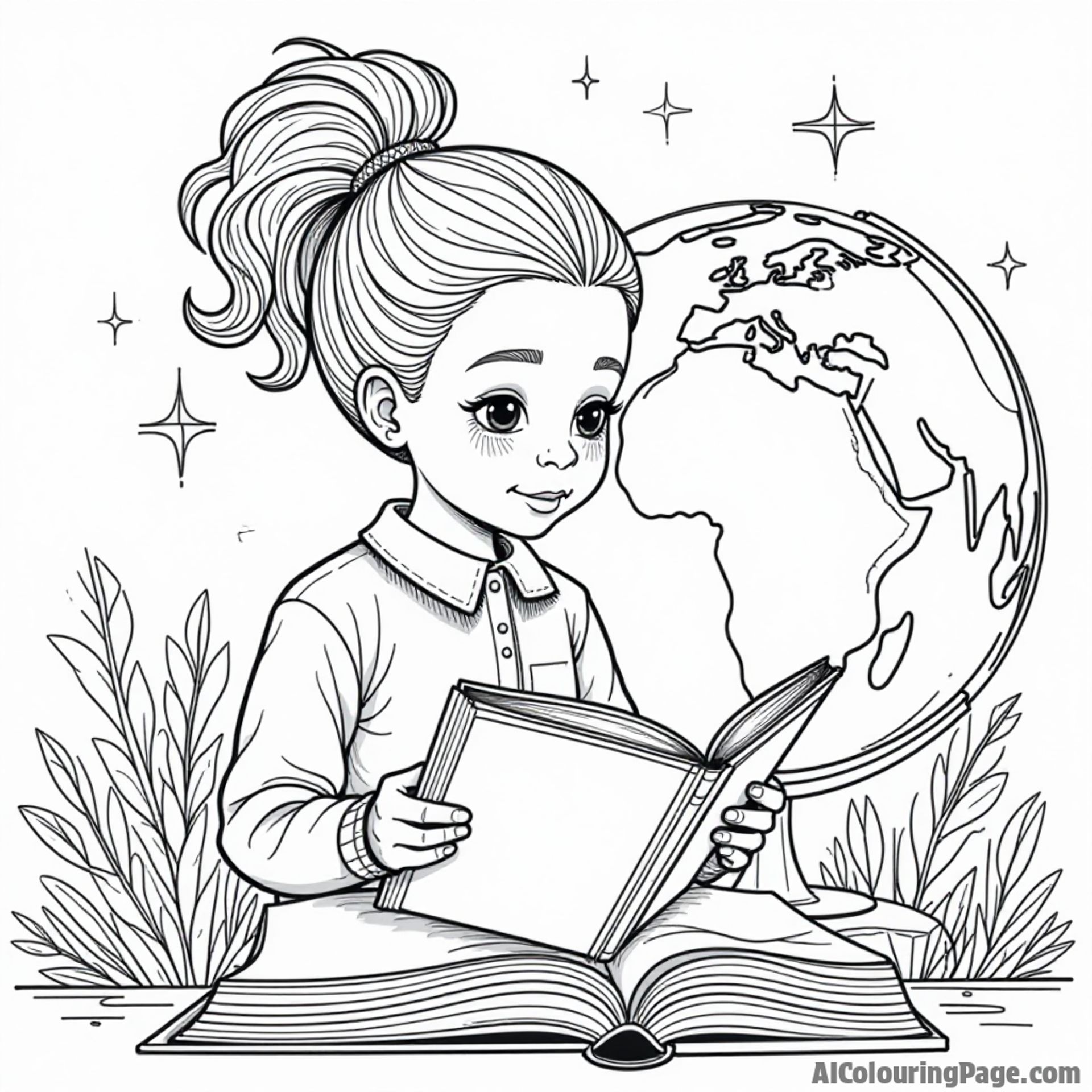 A young girl reading a book about famous black leaders, surrounded by historical artifacts, with a globe in the background representing global influence and knowledge, in a black and white coloring style.