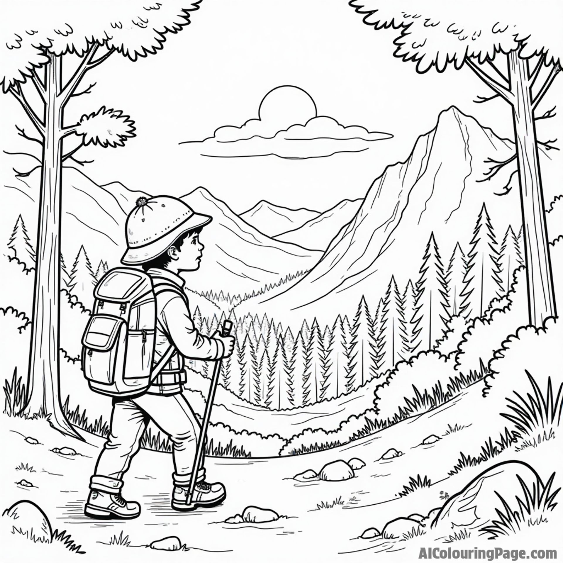 An adventurous scene of a kid hiking in a national park, with tall trees and wildlife, highlighting California's natural beauty for kids.