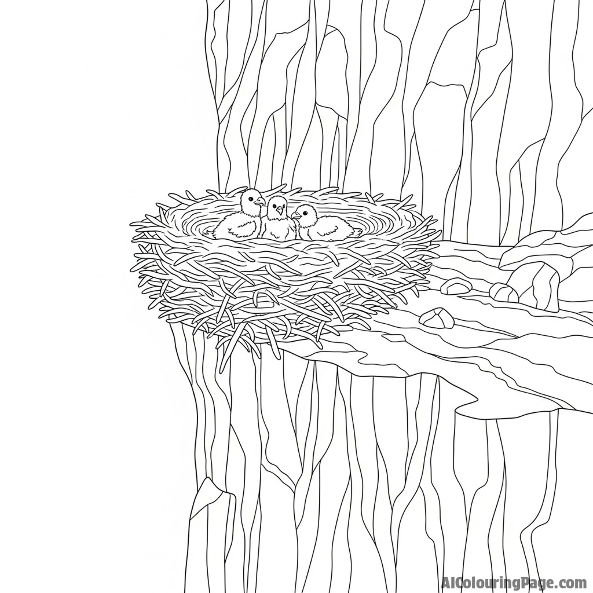 Eagle nest high in a cliff face, with eaglets.