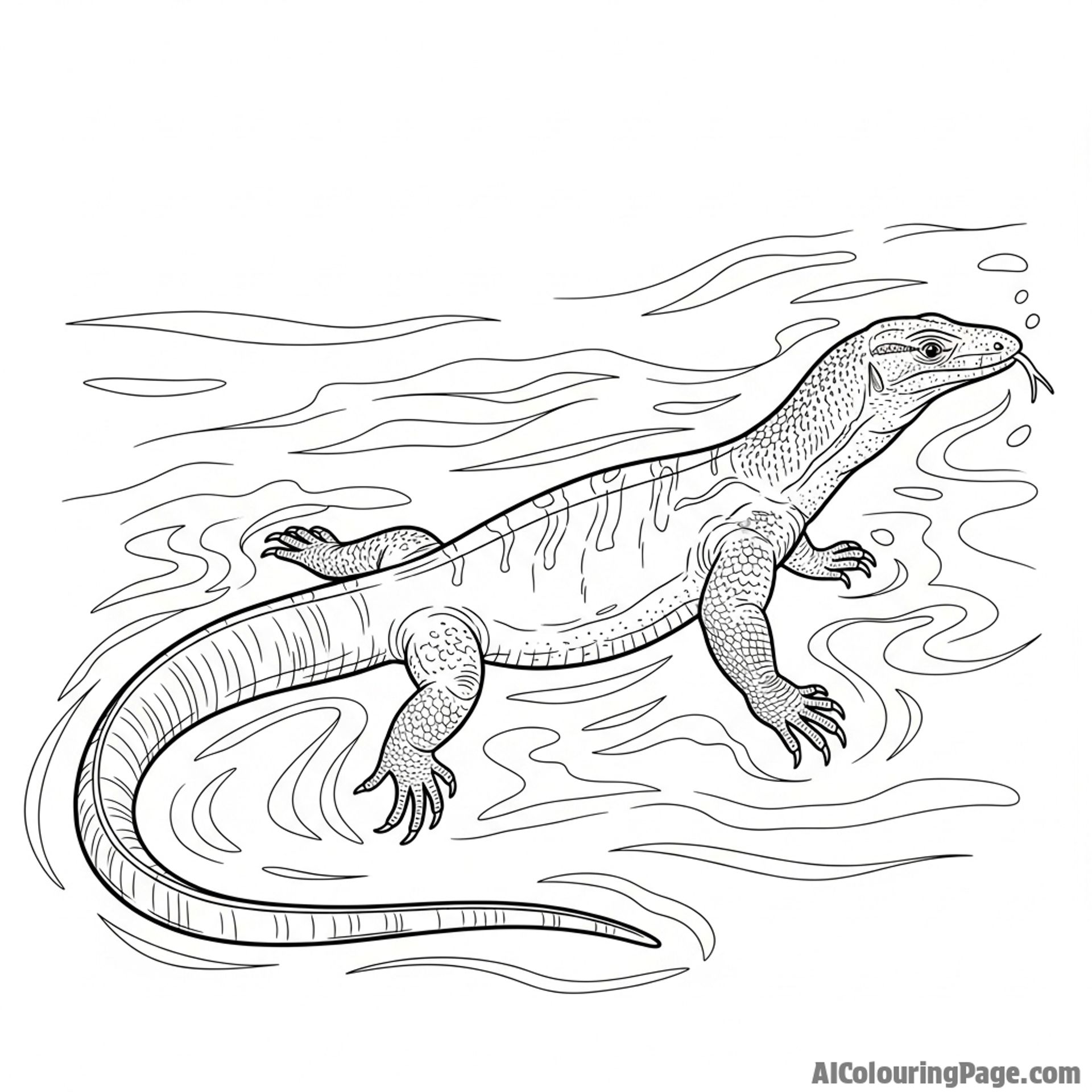 A water monitor lizard swimming gracefully through murky water.