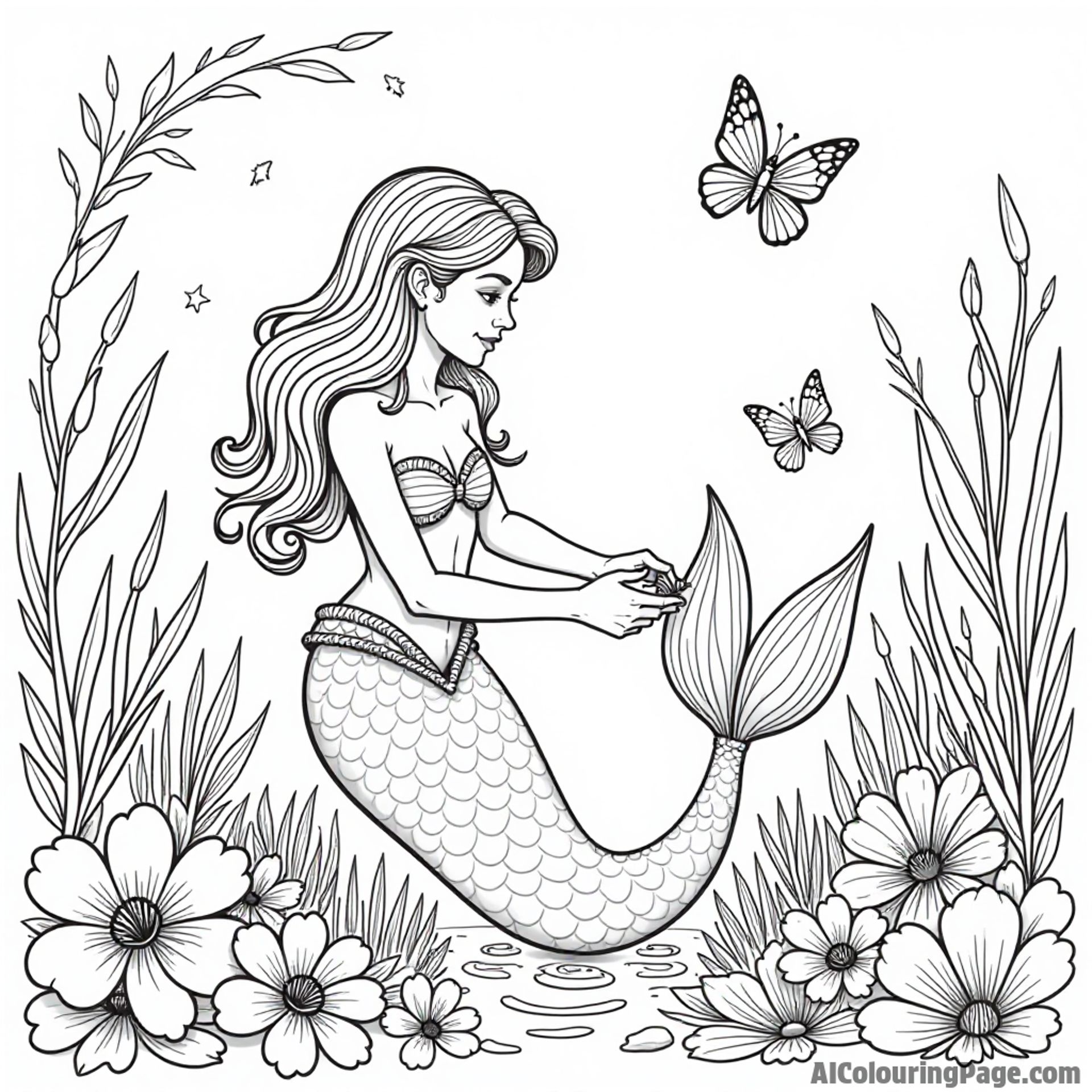 A beautiful underwater garden where a mermaid tends to glowing flowers, surrounded by friendly sea creatures and butterflies.