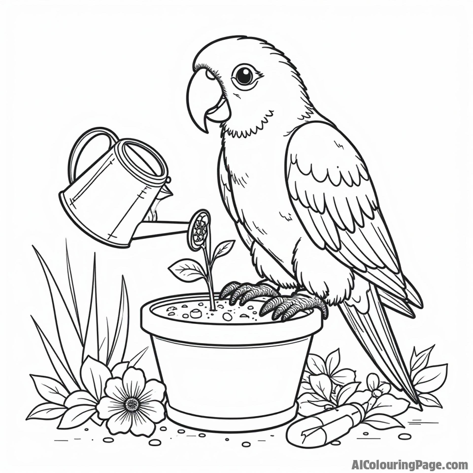 A parrot gardener planting seeds in a flower pot with watering can and gardening tools scattered around