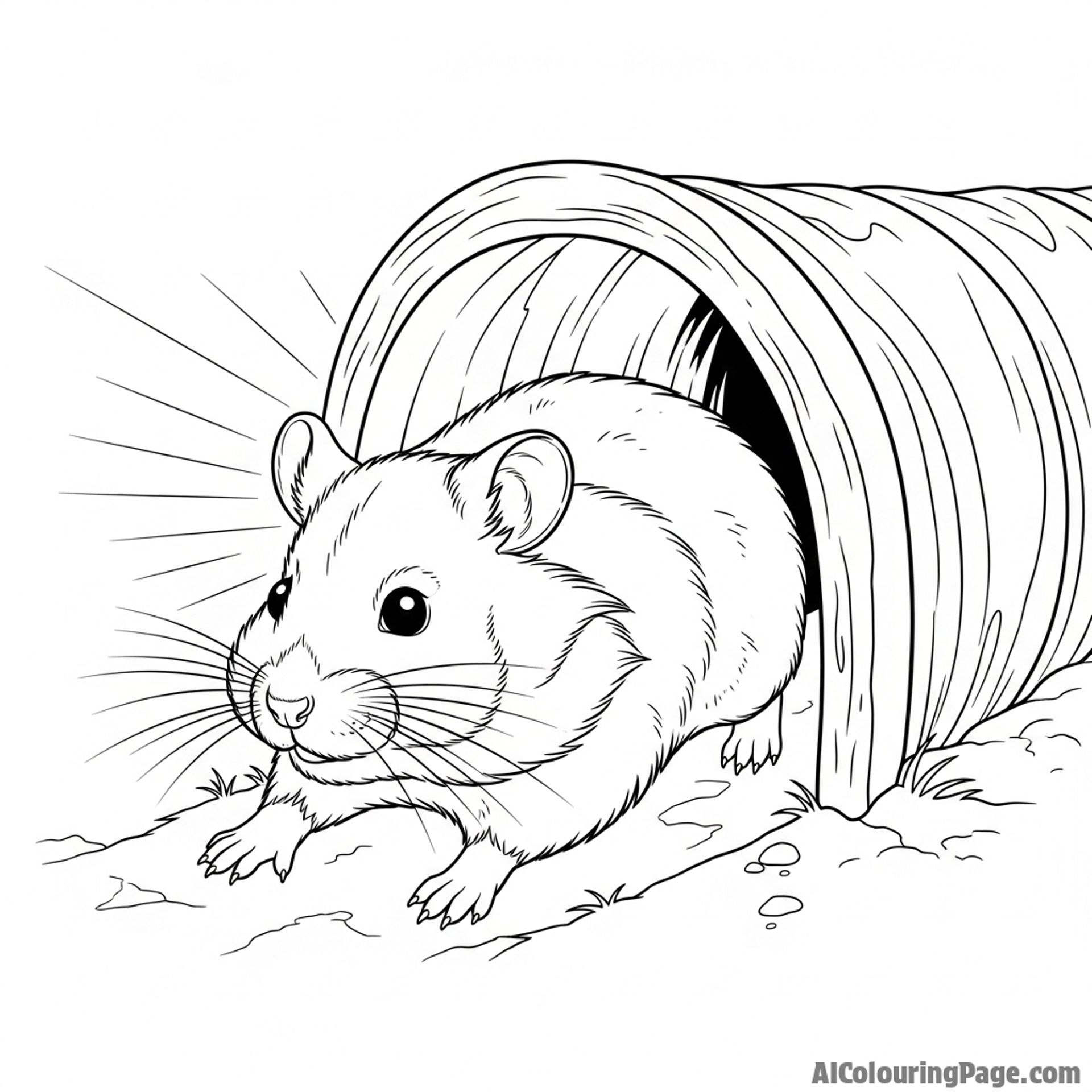A dramatic shot of a hamster emerging from a dark tunnel into the light