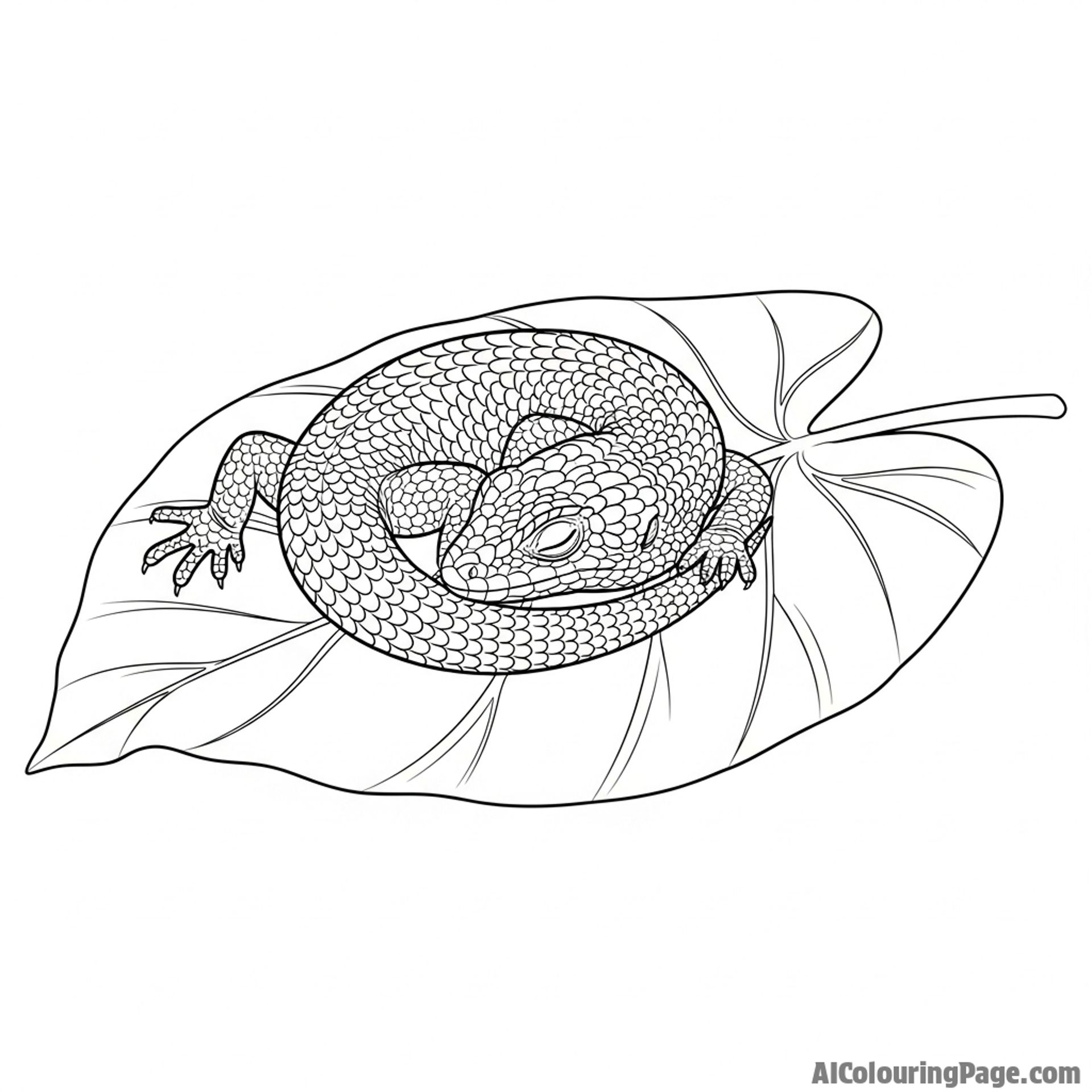 A lizard curled up asleep on a broad, waxy leaf.