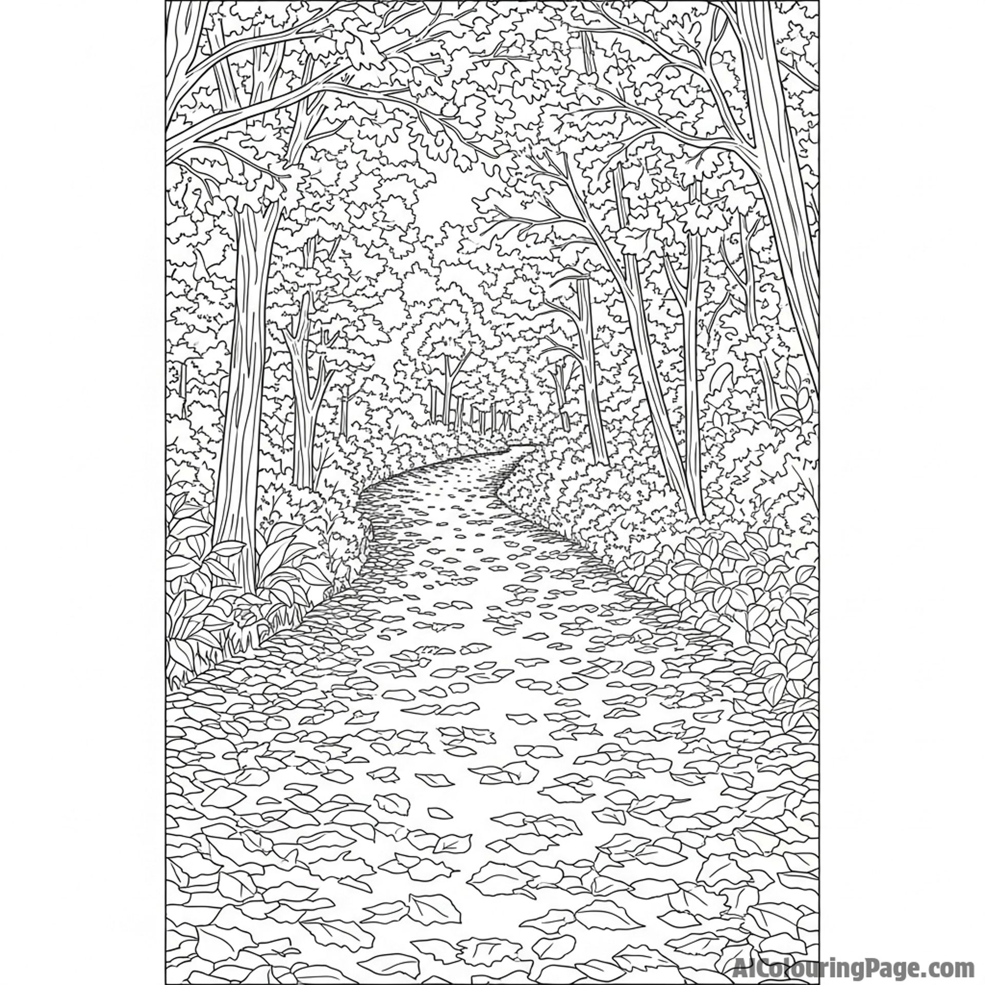 Pathway covered in a thick blanket of fallen leaves, disappearing into the distance.