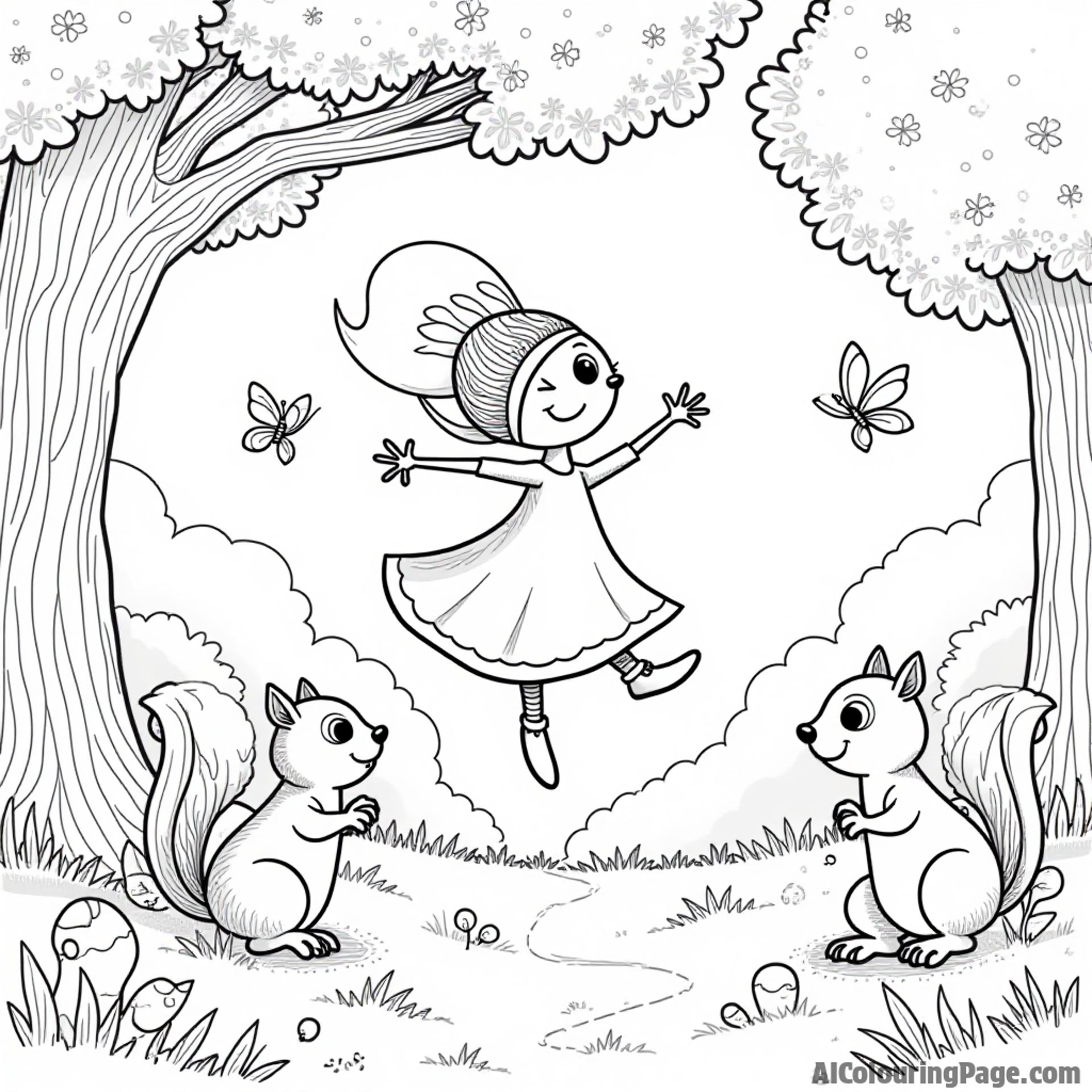 A ladybug dancing on a tree branch, surrounded by playful squirrels and fluttering butterflies in a sunny park.
