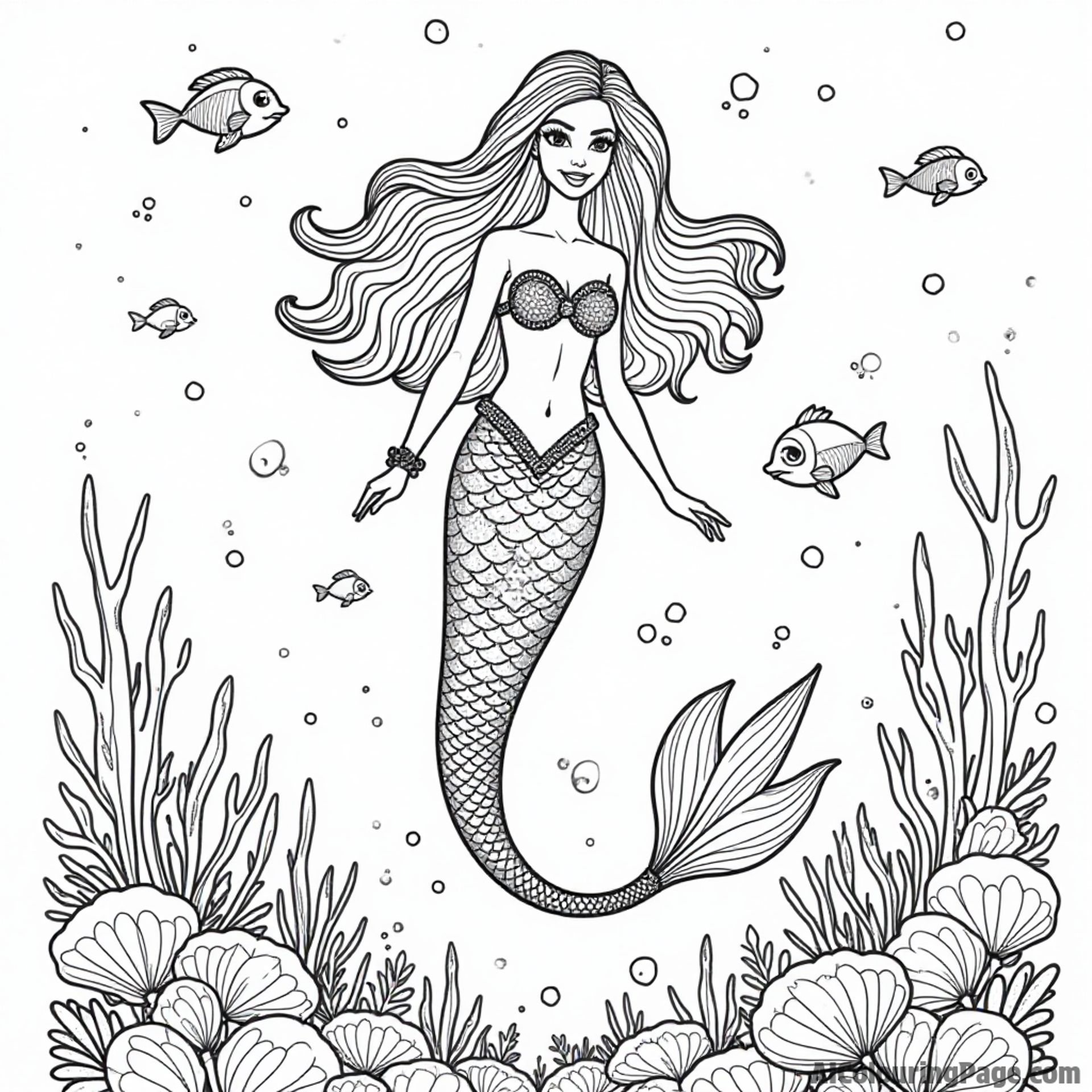 Barbie as a mermaid swimming in the ocean, surrounded by colorful fish and coral reefs, with a sparkling tail.