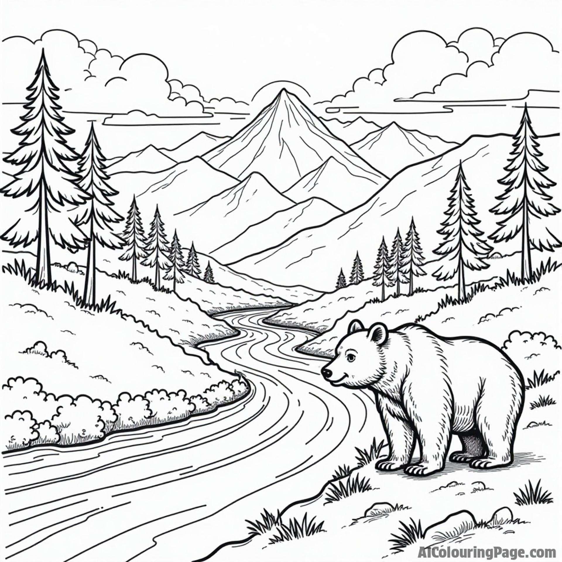 A scenic view of the Ozark Mountains with a playful bear, pine trees, and a winding river for children to color.