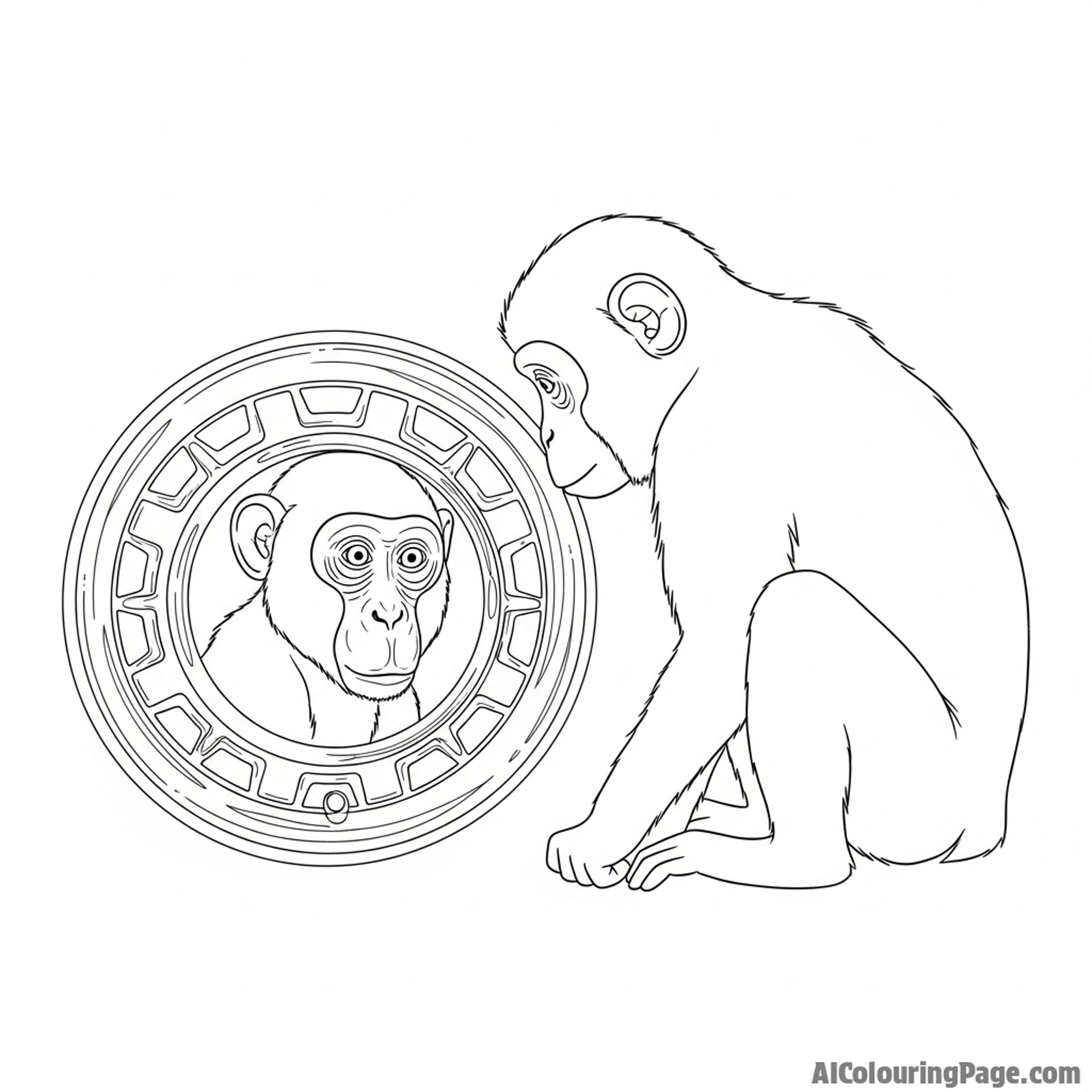 A monkey looking at its own distorted reflection in a chrome hubcap.