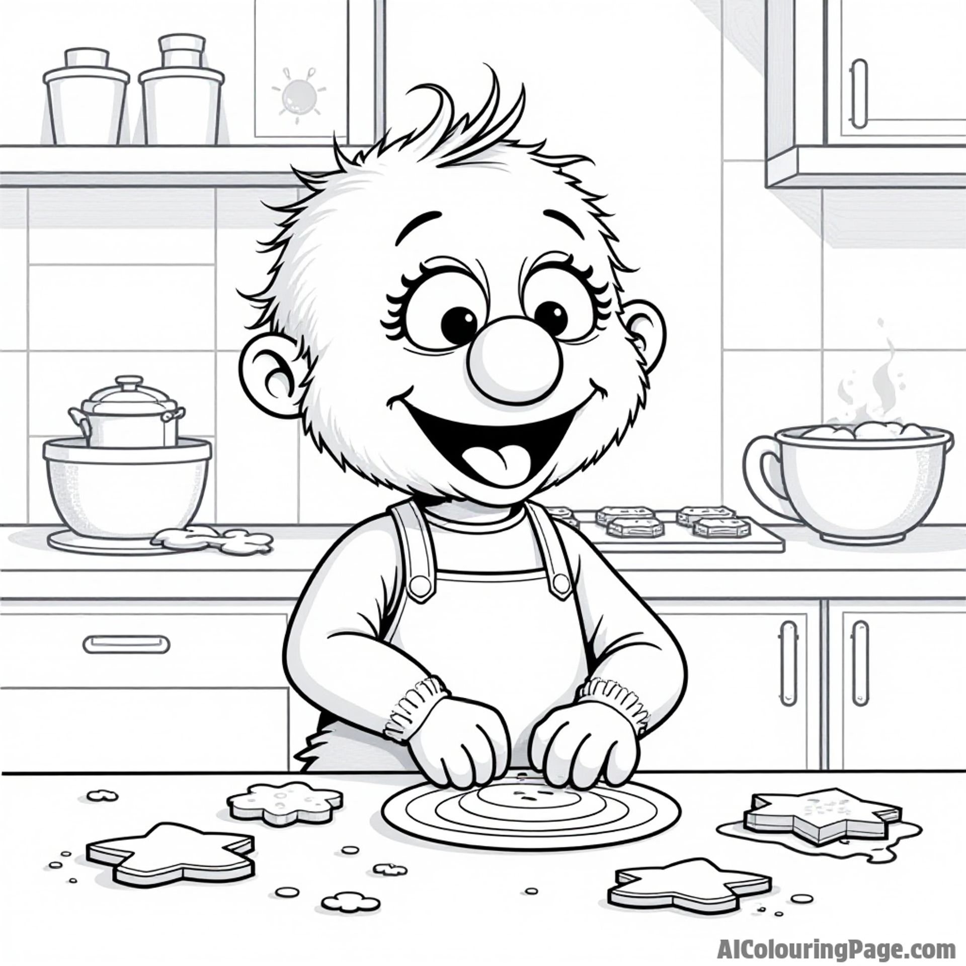 A Muppet baby baking cookies in a kitchen, with flour dust everywhere and cookie shapes scattered on the counter.