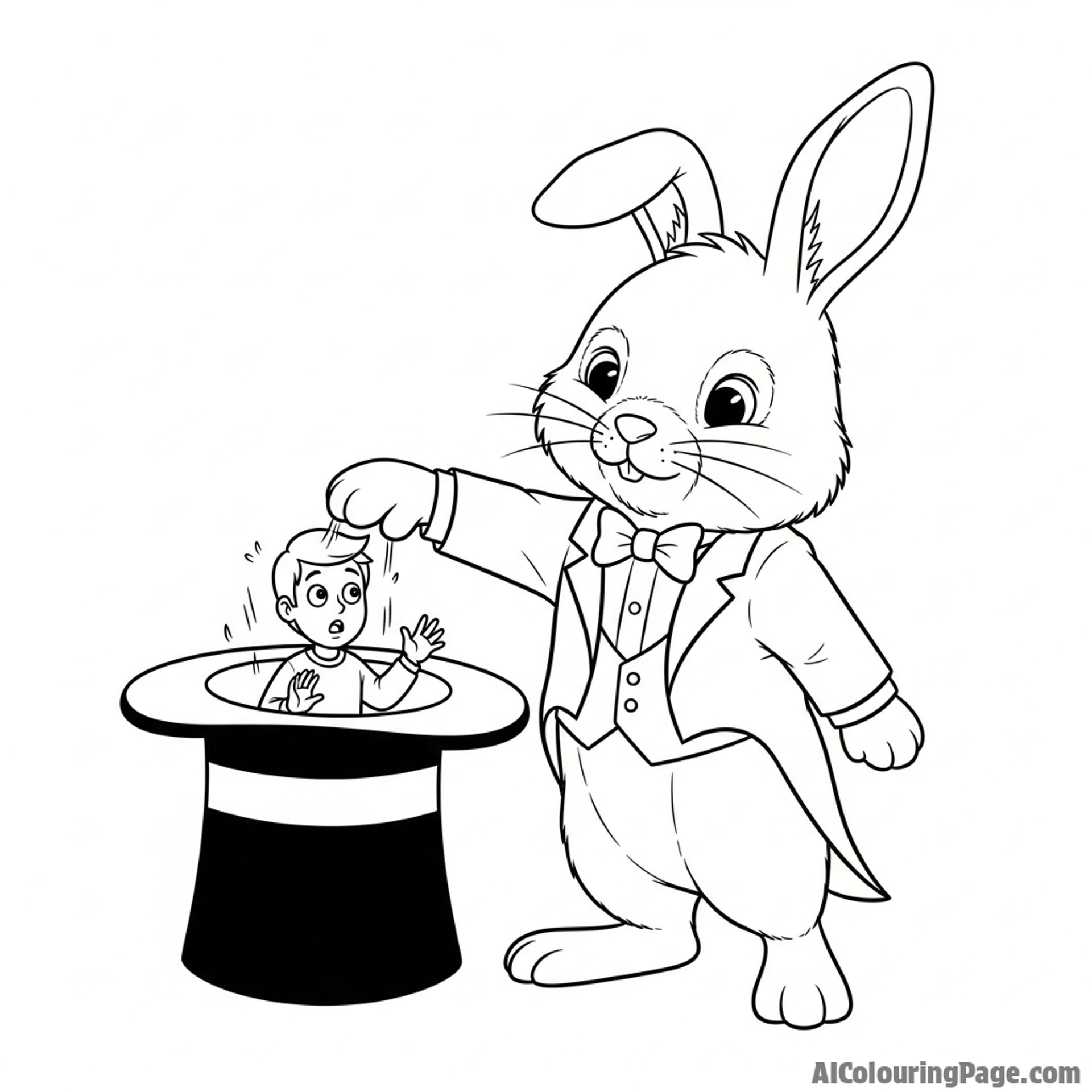 A magician bunny in a top hat pulling a miniature, surprised human out of a hat.