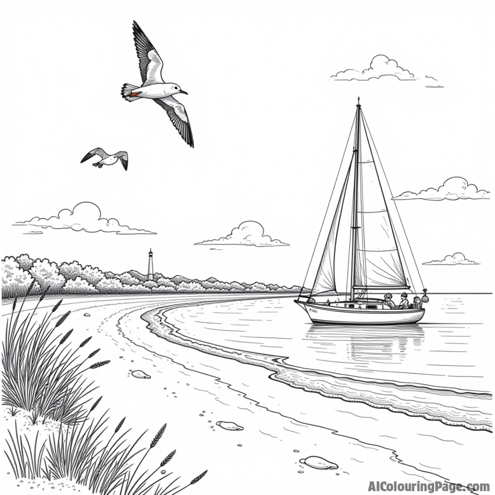 A scenic view of Delaware coastline with a sailboat, seagulls flying overhead, and a sandy beach for coloring fun.