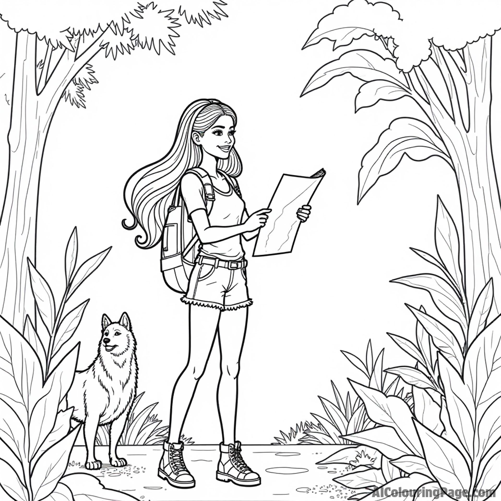Barbie exploring the jungle with a map, surrounded by exotic animals and plants, looking adventurous and excited.