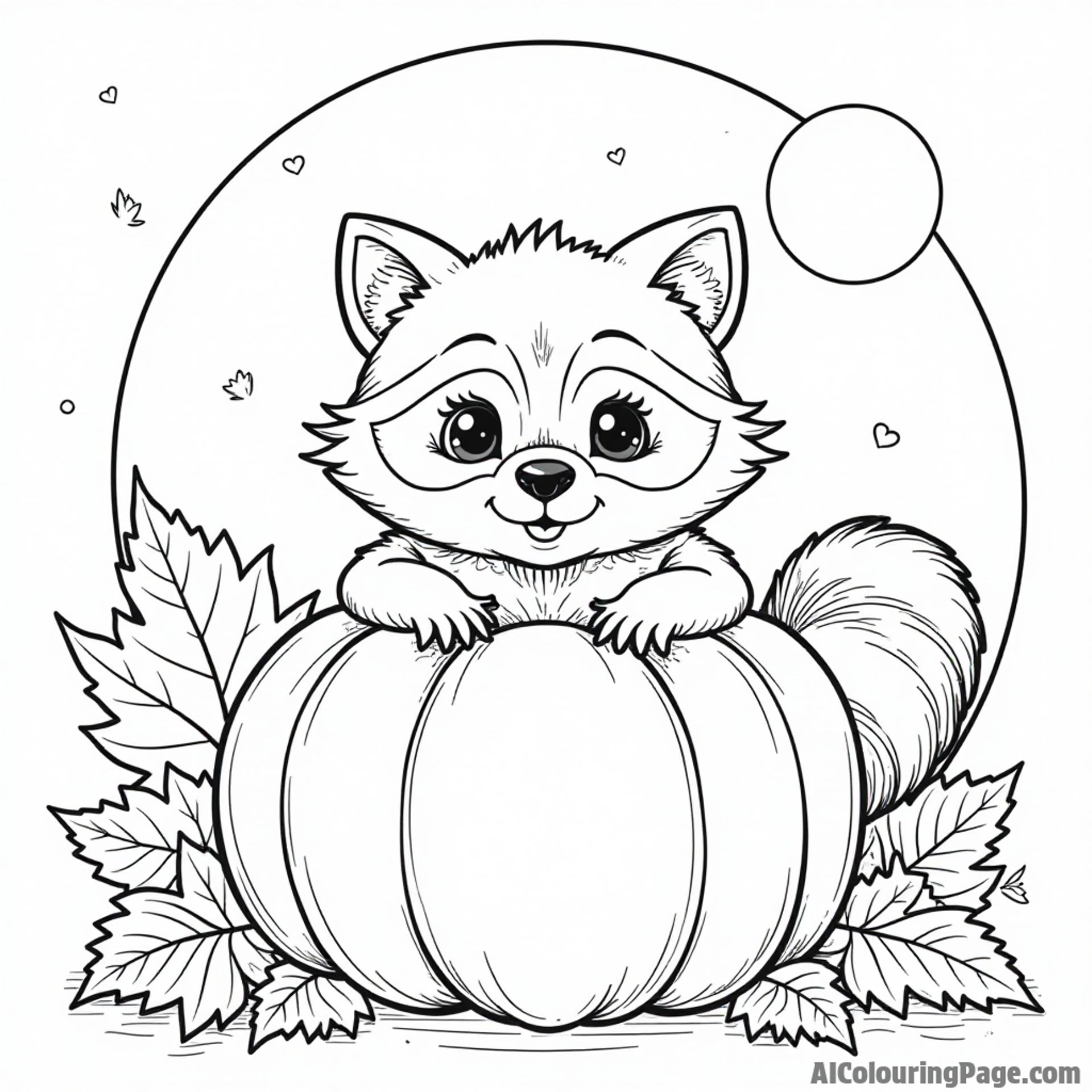 A cute raccoon peeking out from behind a pumpkin, with a backdrop of colorful leaves and a harvest moon